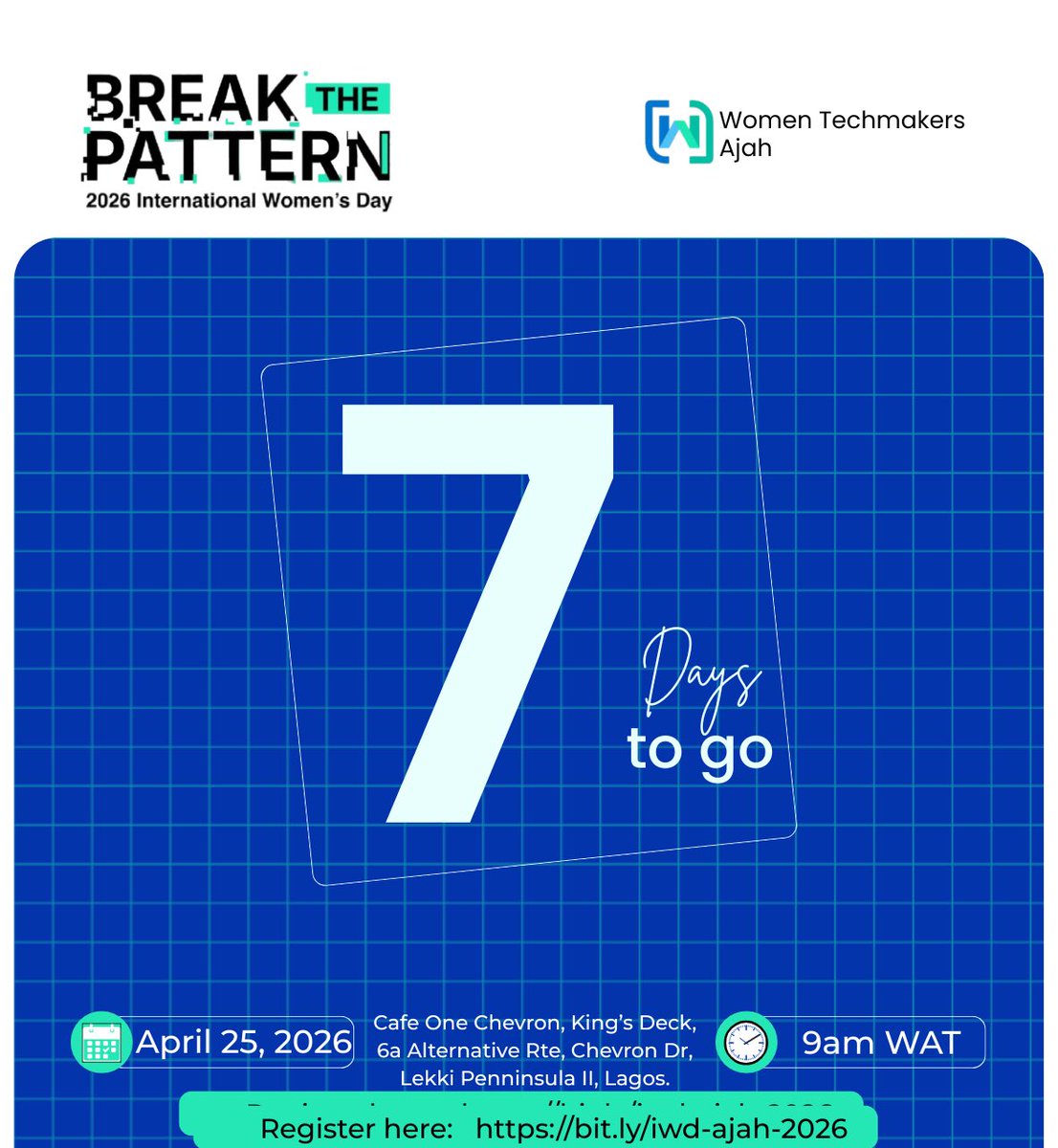 WTMAjah's tweet photo. 7 days to go… the energy is building 🔥
Can you feel the excitement???🥳🥳🥳🥳

Secure a spot now: https://t.co/xZQuBYknN9

#gdgajah #wtmajah #iwdajah https://t.co/4pId4cTQVU