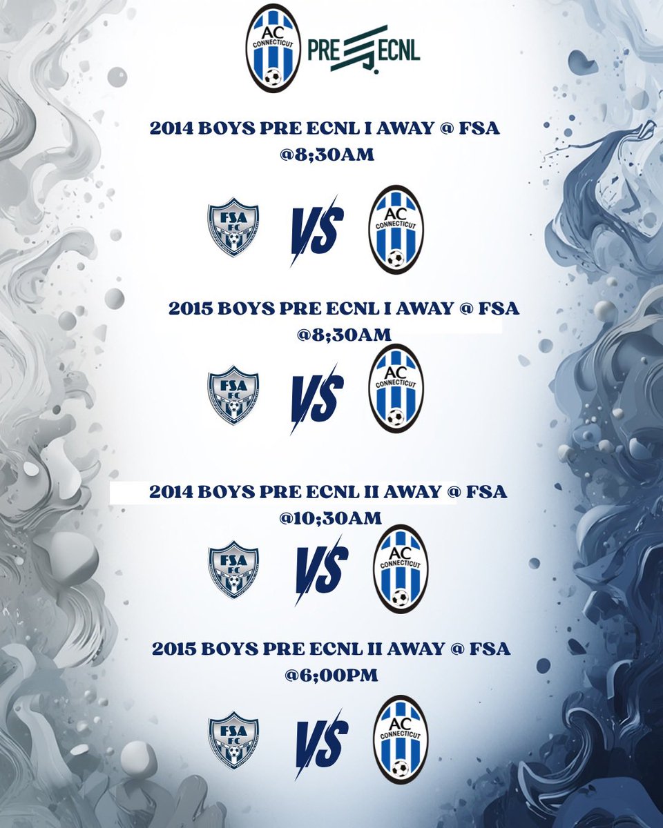 ACConnecticut's tweet image. In-state game day for our U11-U19 @ECNLboys, ECRL &amp;amp; Pre-ECNL boys. 😤

Good luck, fellas! 🔵⚪️💪

#ACC | #ECNL | #MoreThanALeague