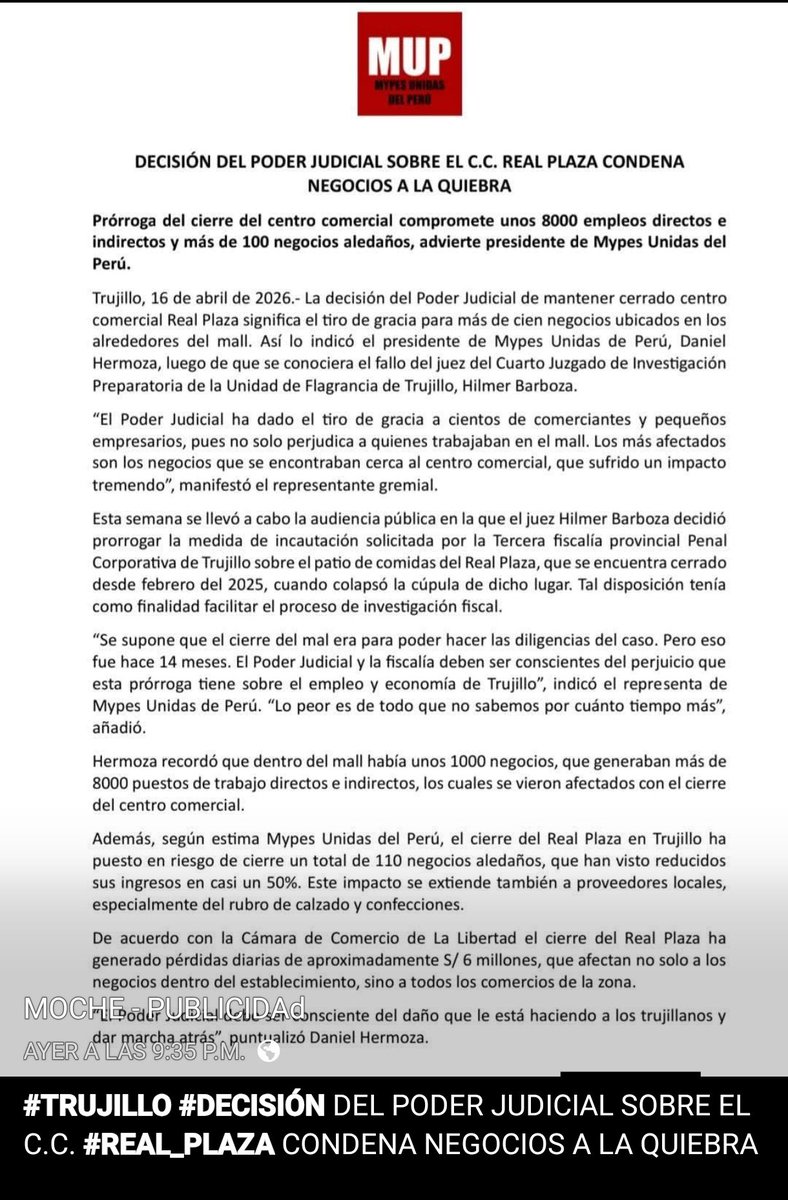 La investigación debe continuar, pero no a costa de paralizar el sustento de miles de familias por más de un año. #FiscaliaNoDejaTrabajarATrujillo