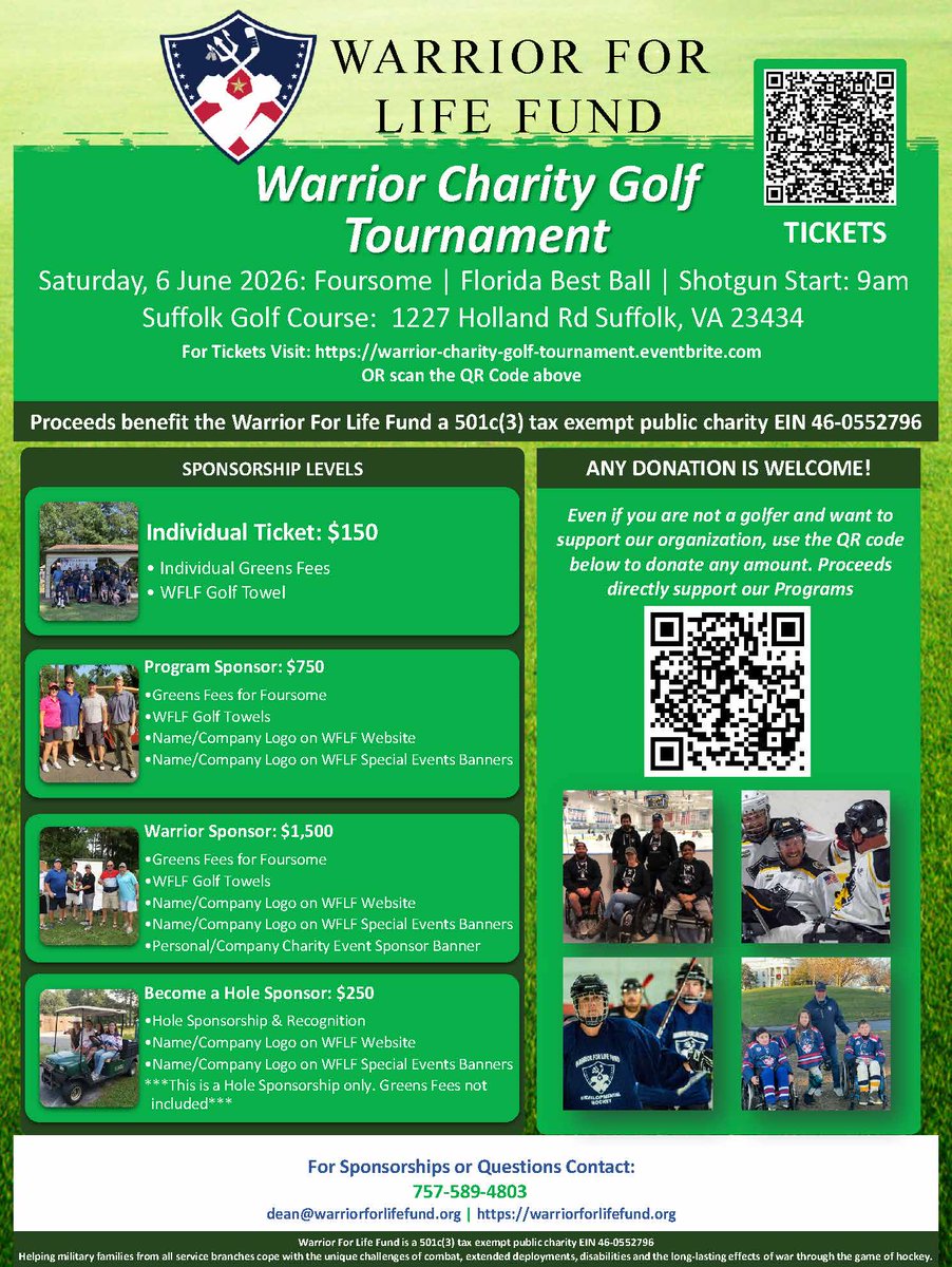 WFLFund's tweet photo. The Warrior Charity Golf Tournament returns June 6 in Suffolk, VA.
This event is run 100% by our sled hockey team.
📍 Suffolk, VA
📅 June 6, 2026
Register:
 https://t.co/ARePbLU7Qn https://t.co/JKu6prFpQD