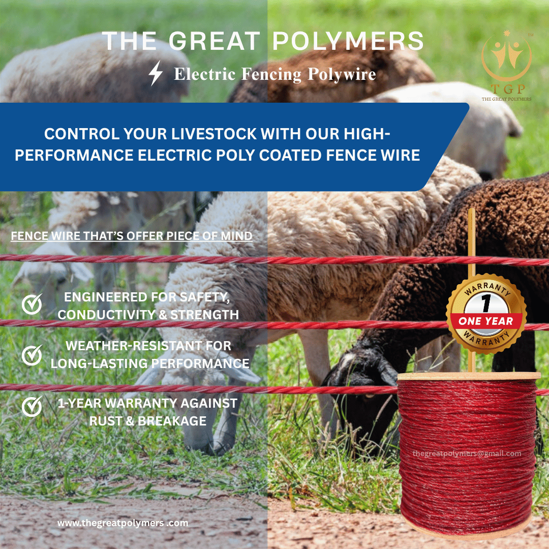 thegreatpolymer's tweet photo. Ultra Performance Cattle & Horse Fence Poly wire - livestock Safety with 1-Year Rust-Free & Break-Free Warranty–THE GREAT POLYMERS/INDIA

Whatsapp Number +91 8160345999
Check out the website: https://t.co/V6475dlanM

#ElectricFenceWire #FarmProtection #AgriSolutions #HighStrengthWire #WeatherproofWire #UVResistant #FarmingIndia #LivestockSafety #DurableWire #RustProof #AgricultureTools #MadeInIndia #ExportQuality #TheGreatPolymers #FarmSecurity