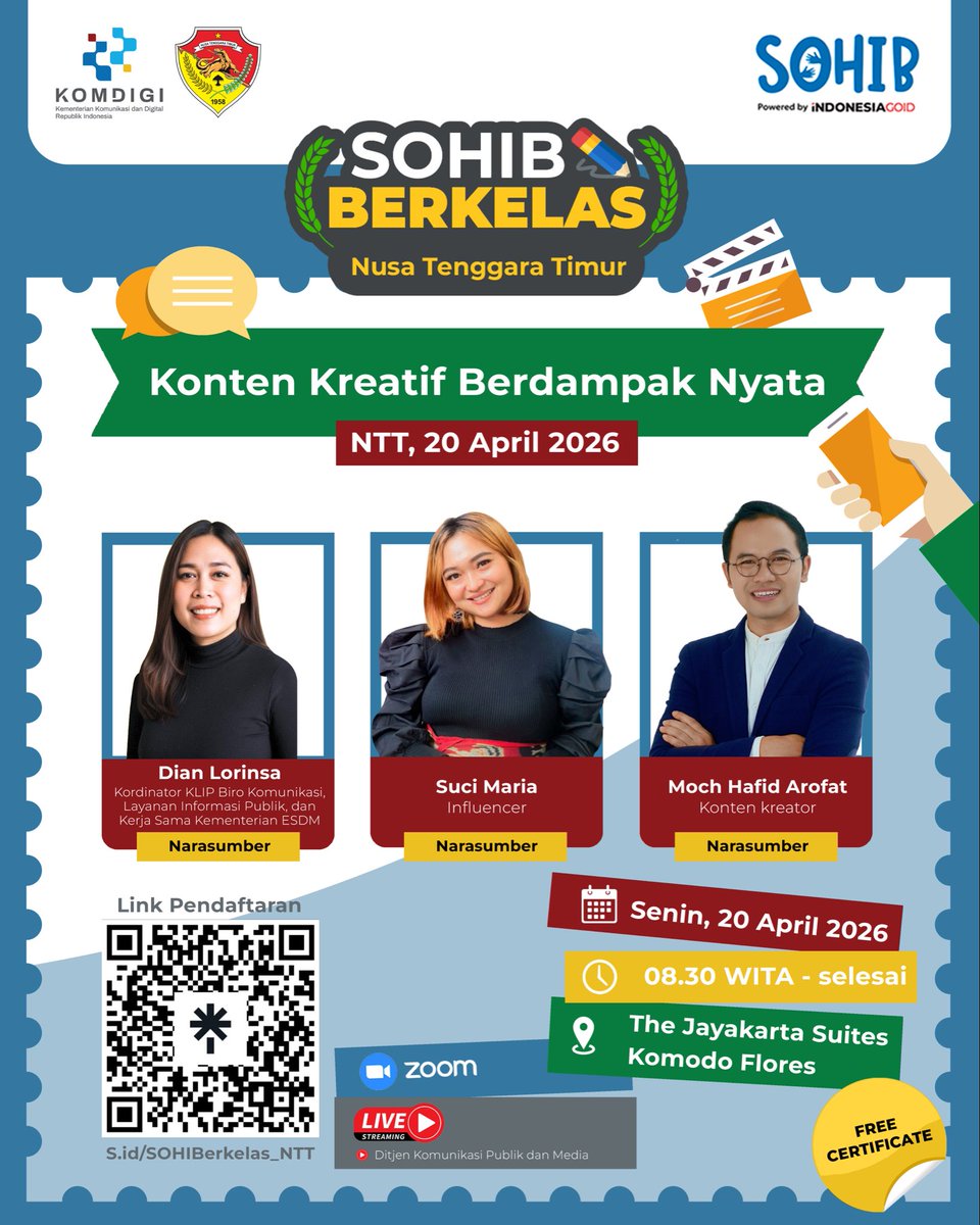 indonesiago_id's tweet image. Halo Sohib NTT! Mau bikin konten yang bukan cuma keren tapi juga berdampak? Yuk, gabung di "SOHIB BERKELAS: Nusa Tenggara Timur" bareng ahli komunikasi dan kreator lokal. Saatnya konten kreatif anak muda NTT naik kelas! 📸🚀

#SOHIBberkelas #NTT