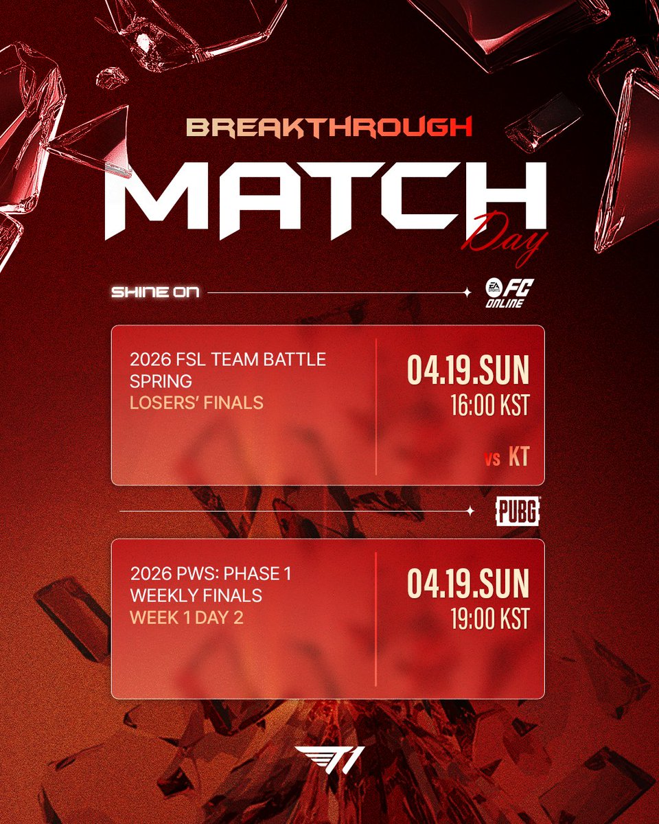 T1_official_gg's tweet image. [IT’S TIME | Apr. 18]

𝟐𝟎𝟐𝟔 𝐅𝐒𝐋 𝐓𝐄𝐀𝐌 𝐁𝐀𝐓𝐓𝐋𝐄 𝐒𝐏𝐑𝐈𝐍𝐆

🆚 KT
⏰ 16:00 KST
📺 sooplive.com/station/affifa…
-

𝟐𝟎𝟐𝟔 𝐏𝐖𝐒: 𝐏𝐇𝐀𝐒𝐄 𝐖𝐄𝐄𝐊𝐋𝐘 𝐅𝐈𝐍𝐀𝐋𝐒

👊 Week 1 Day 2
⏰ 19:00 KST
📺 sooplive.com/station/pubg

#TogetherAs1 #Breakthrough #T1WIN