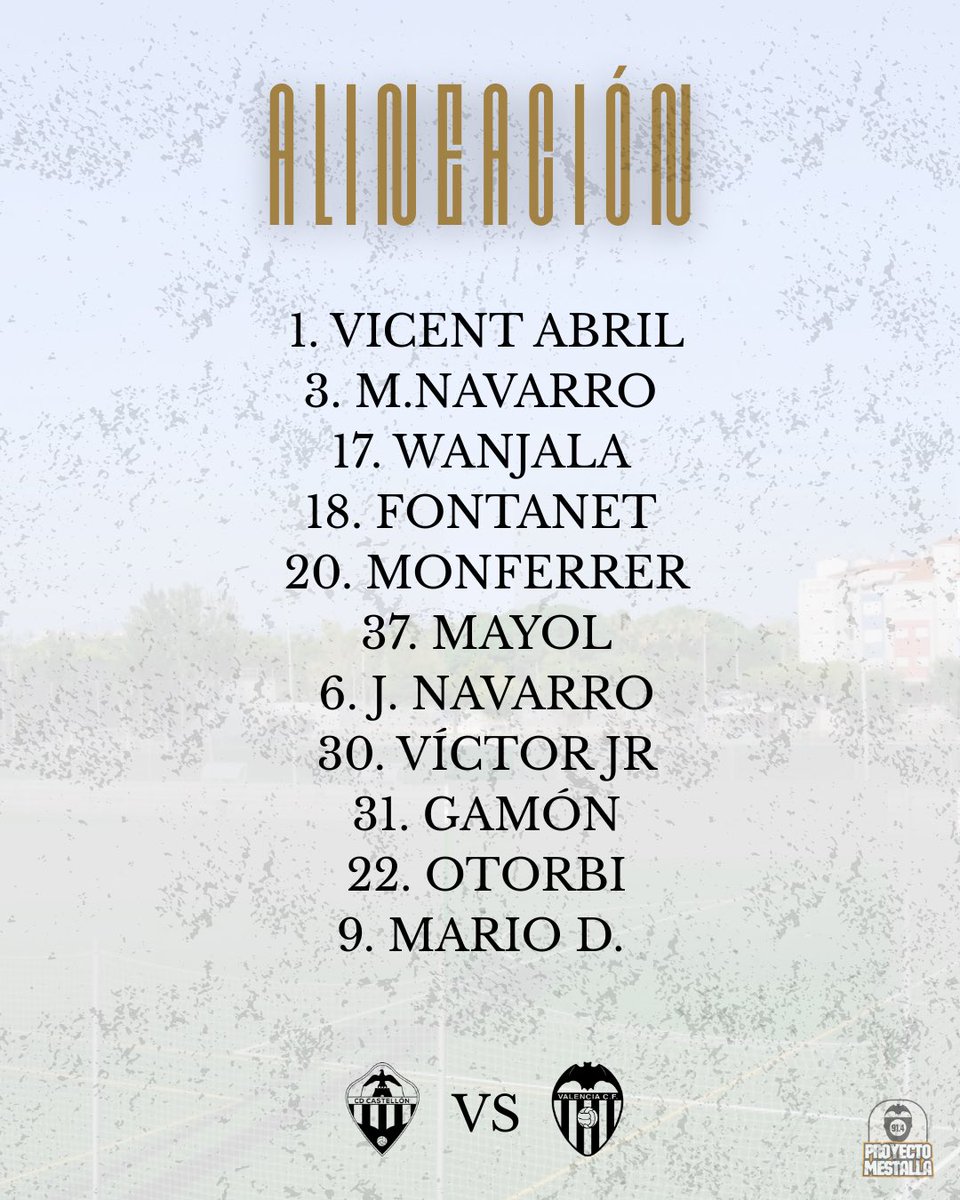 🦇 XI del #VCFMestalla para enfrentarse a la <a href="/CDCS_Academy/">CD Castellón Academy</a> en Castellón de la Plana.