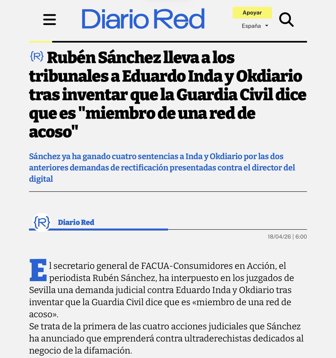 No es la primera vez que Rubén Sánchez lleva a Inda y a Okdiario ante los tribunales. FACUA recuerda que en otras ocasiones el medio y su director ya han sido condenados por no rectificar informaciones falsas sobre Sánchez