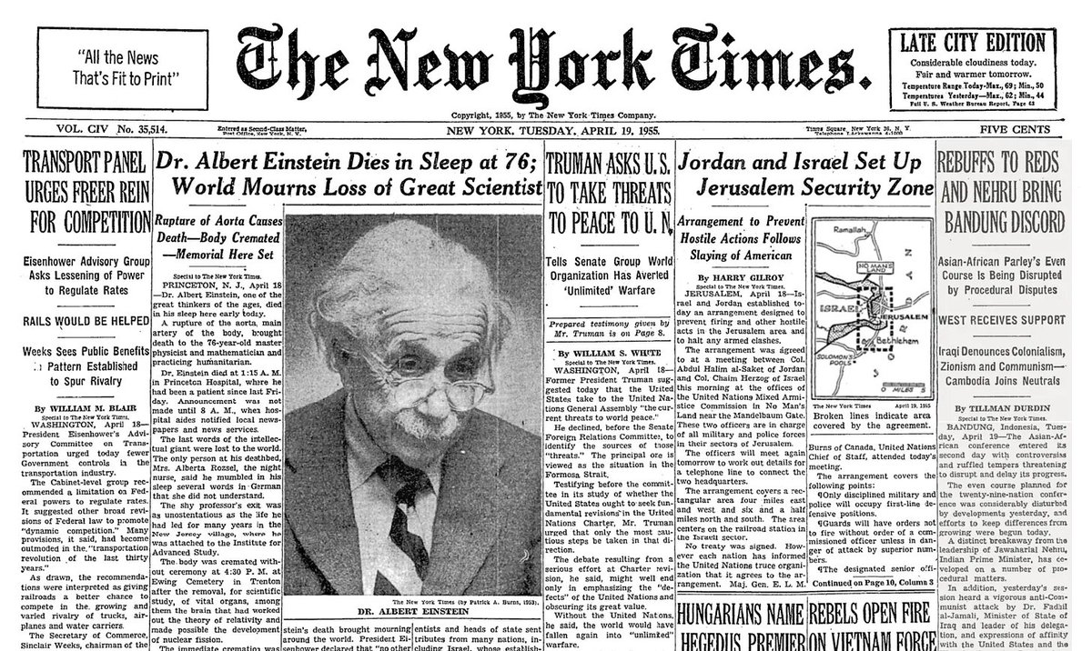 WashingtonViews's tweet image. #OnThisDay in 1955: Albert Einstein dies in Princeton, New Jersey at age 76 (at Princeton Hospital) @NYTimes &amp;amp; TV News report archive.nytimes.com/www.nytimes.co…  youtube.com/watch?v=H7a1AZ…  #Einstein @the_IAS