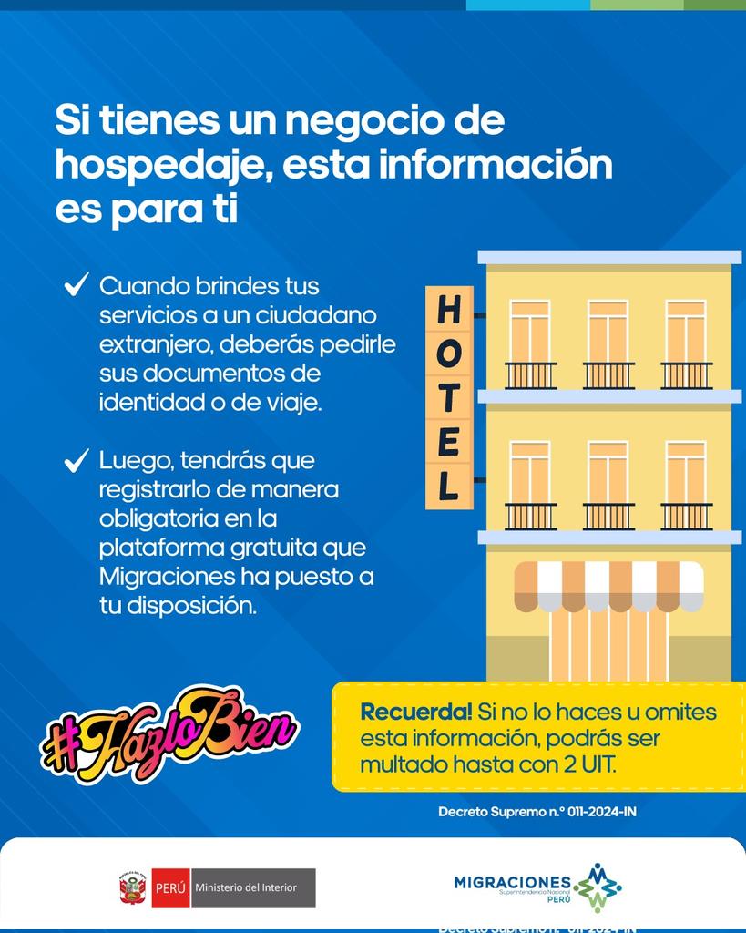 MigracionesPe's tweet photo. #MigracionesPerú 🇵🇪 | ¿Tienes un negocio de hospedaje? Recuerda que, si brindas el servicio a un extranjero, debes registrar su documento de identidad o de viaje.

¡Contribuyamos todos con la #SeguridadNacional!

Haz el registro aquí ➡️
https://t.co/GuGVCvBdaK https://t.co/NnIDeeIkoS