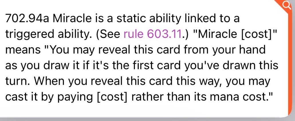 scryus's tweet photo. @randtopasna @HanweirGarrison @karsten_frank From the image, it's not the revealing part you're copying, it's the reflexive trigger that allows you to cast it: the "when you reveal this card this way" portion of Miracle's effect. https://t.co/Z9Kkt8W30U