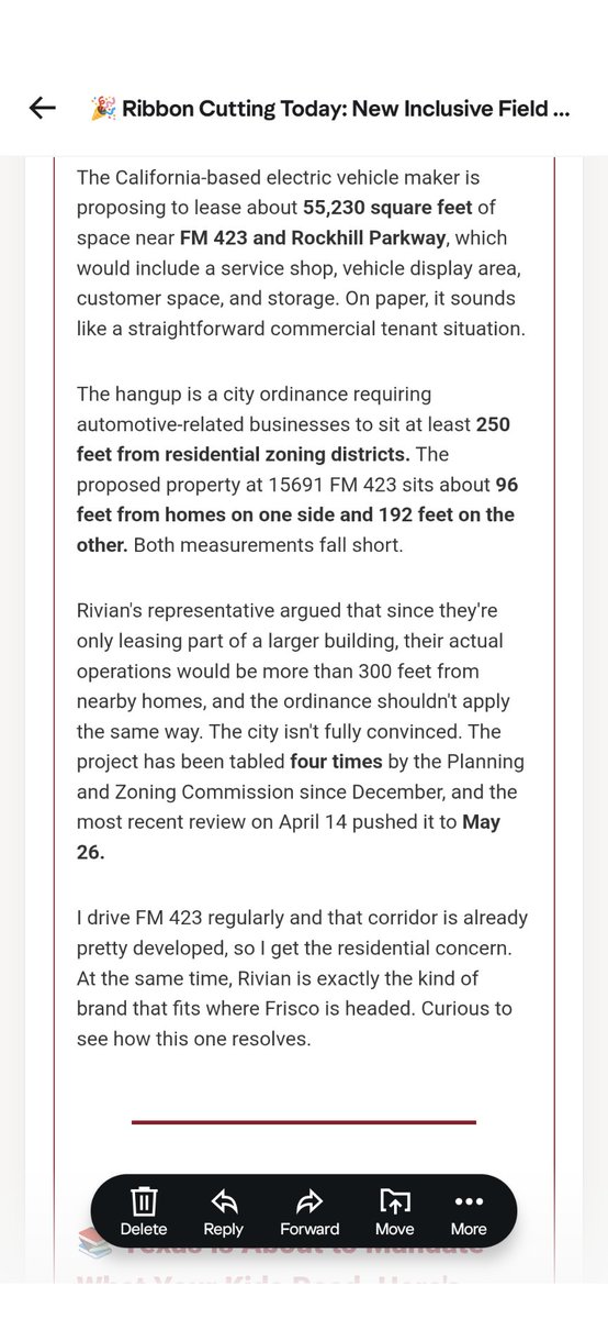 RivianTrinity's tweet photo. A smol life update and some Rivian news!

We are moving from New Mexico to Frisco,Tx this summer. I was super pumped to learn Rivian is opening an SC right in my new town (I'm 6hrs away from service now). I've been following this as this SC was supposed to open in Jan/Feb. This just landed in my email on a resident run newsletter I subscribe to. 
This is what the hold up is. Fingers crossed is resolved s00n 🤞🏽 @Hilbe @RivianTrackr @RivianUpdates