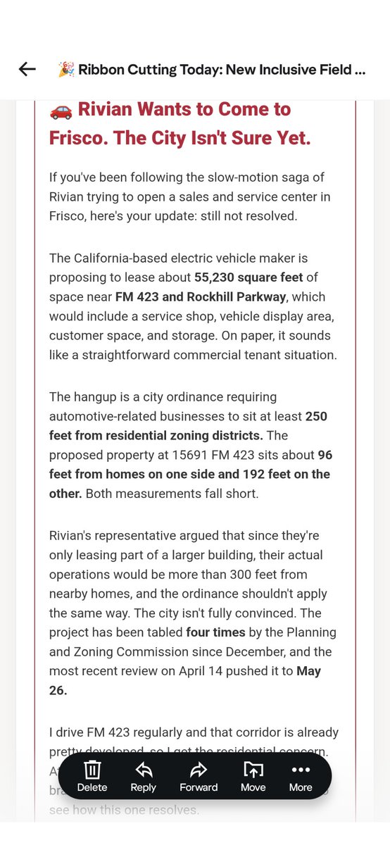 RivianTrinity's tweet photo. A smol life update and some Rivian news!

We are moving from New Mexico to Frisco,Tx this summer. I was super pumped to learn Rivian is opening an SC right in my new town (I'm 6hrs away from service now). I've been following this as this SC was supposed to open in Jan/Feb. This just landed in my email on a resident run newsletter I subscribe to. 
This is what the hold up is. Fingers crossed is resolved s00n 🤞🏽 @Hilbe @RivianTrackr @RivianUpdates
