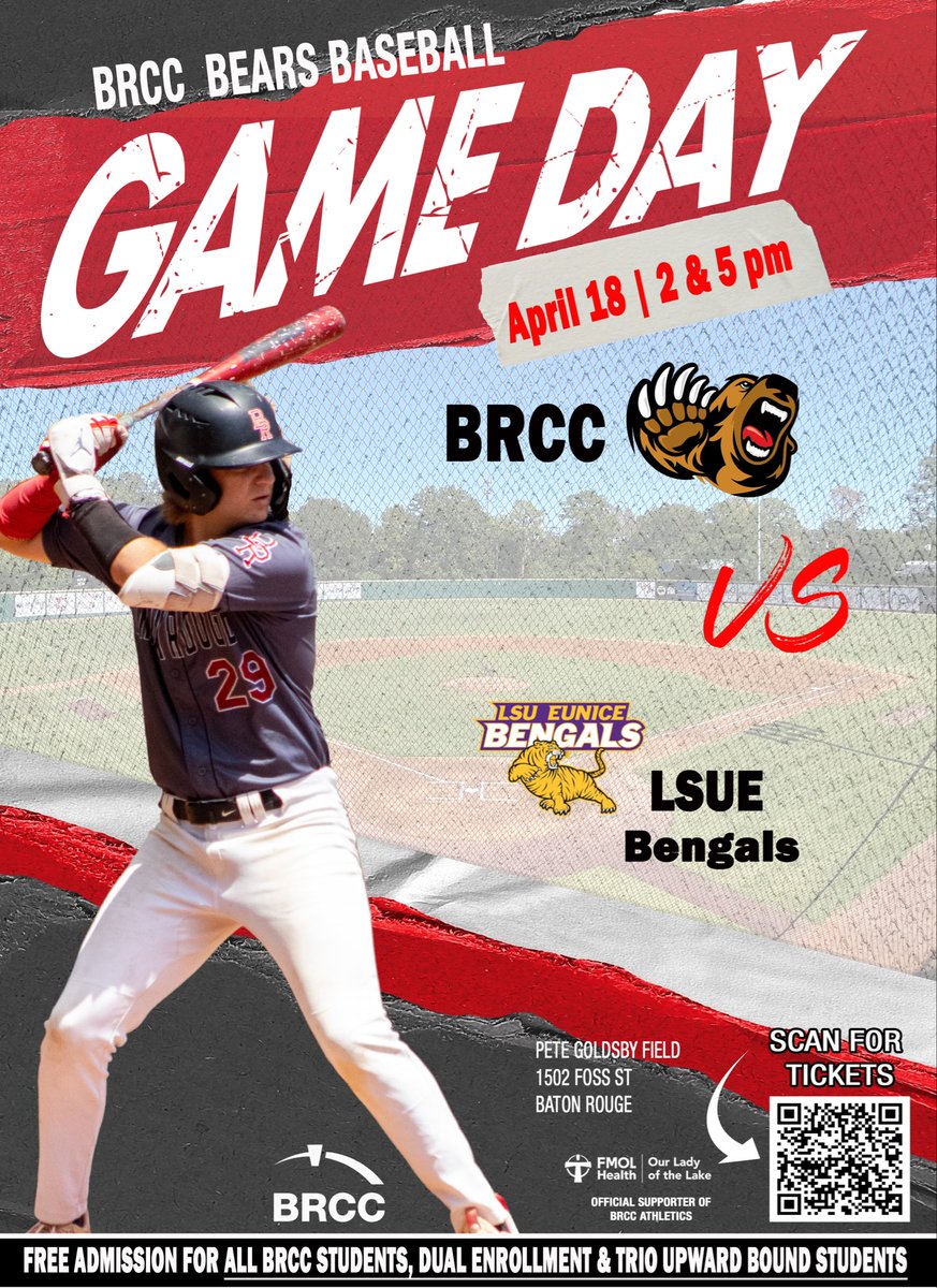 BRCC_Baseball's tweet image. It’s GAMEDAY 
🐻⚾️🆚#9 LSUE Bengals
📍Baton Rouge
🏟Pete Goldsby Field
⏰2:00 pm DH
🎟️brccathletics.com/BRCC_Athletics…
🎥Game One tsbnsports.com/lsu-eunice-vs-…
🎥Game Two : tsbnsports.com/lsu-eunice-vs-…

Another day, Another Chance to Get Better!

#clawsup #allin #whynotus