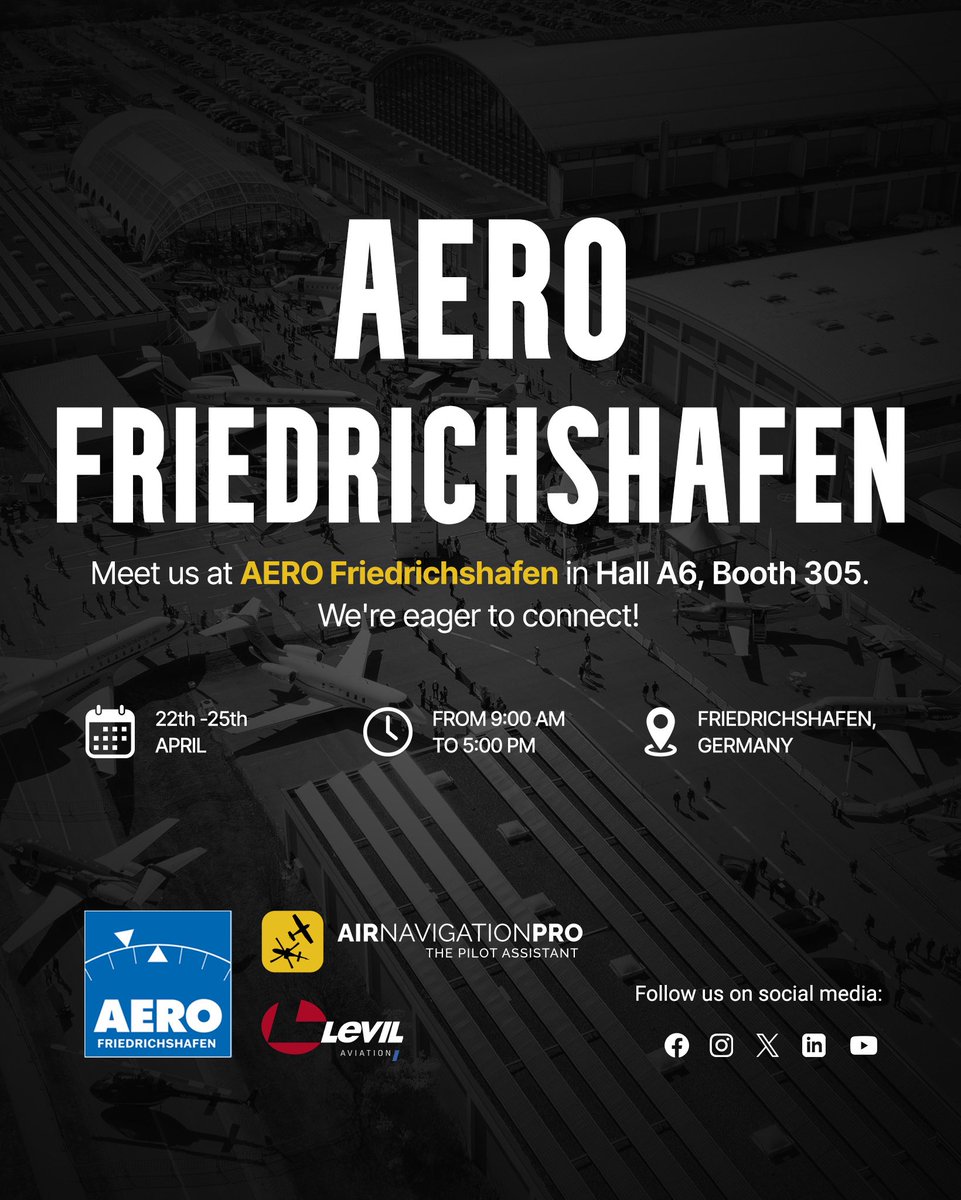 AirNavPro's tweet photo. We’re excited to attend AERO 2026, one of the world’s leading trade shows for general aviation. You can find us at Hall A6, Booth 305. We look forward to meeting you!

📅 April 22–25, 2026
📍 Friedrichshafen, Germany https://t.co/SEx1EeUklz