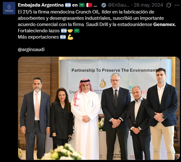 Genamex también ligó una felicitación del Estado nacional. En 2024, la Embajada Argentina en Arabia Saudita celebró en su cuenta de twitter la firma de un acuerdo comercial de la consultora.