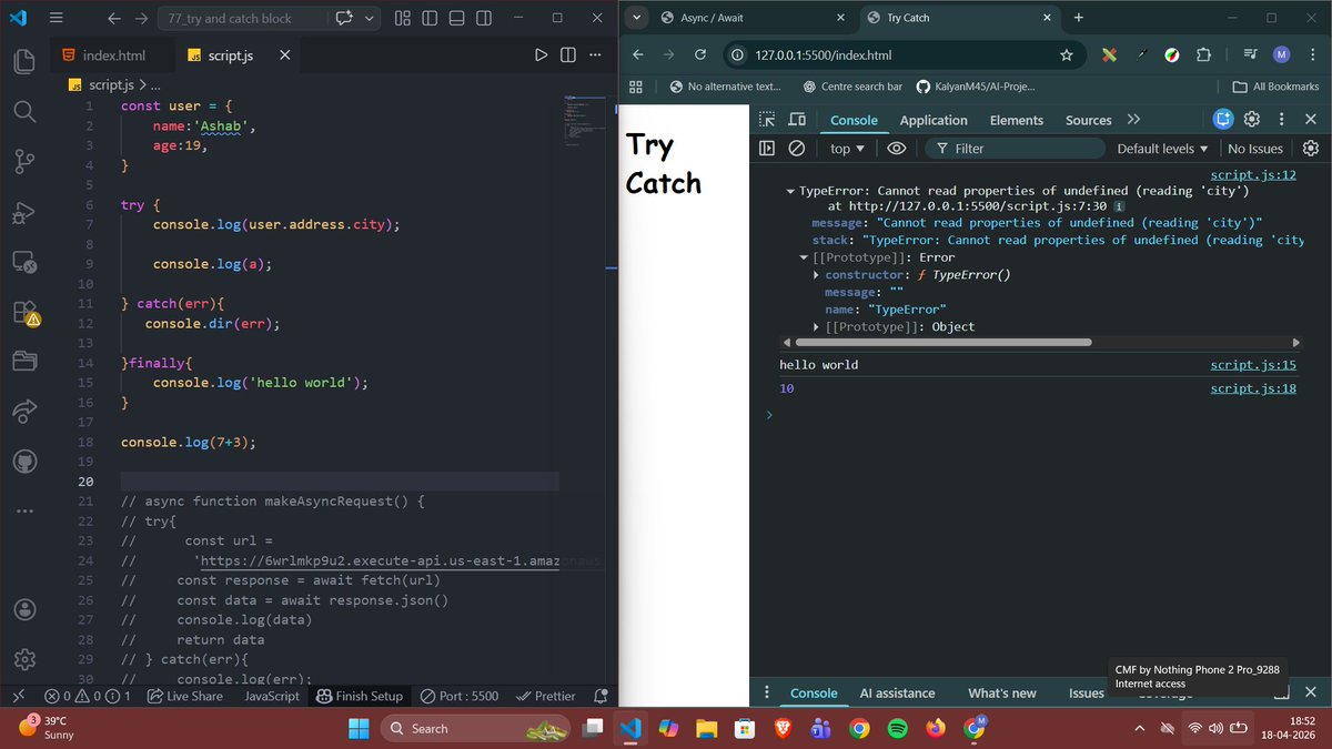 Ashab__683's tweet photo. 🚀 Today’s JS Learning

Explored try...catch...finally for error handling.
Handled a TypeError without crashing &amp; learned that finally always runs 🔥
Debugging tip: use console.dir(err) 👀

#100DaysOfCode #WebDev #JavaScript #Day92 https://t.co/LEkxWhl07C