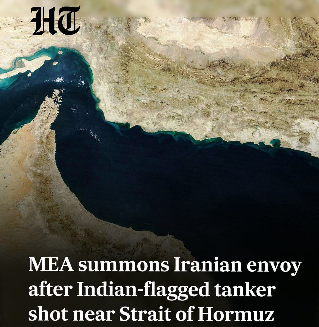 FlamingSaffron's tweet photo. 🚨 JUST IN 🚨

India's MEA Summons Iran’s Ambassador to India after reports of gunfire targeting vessels in the Strait of Hormuz involving Indian-linked ships. https://t.co/93oYUvb9hy