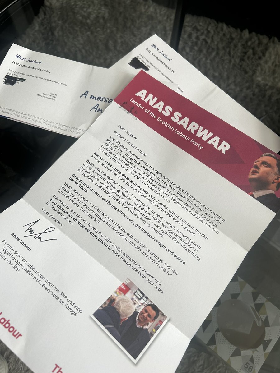 Paisleygirl74's tweet photo. Thanks @ScottishLabour , but this household wouldn’t vote for you lot if you paid us, straight in the bin. #bothvotesSNP https://t.co/QC09VpdpFq
