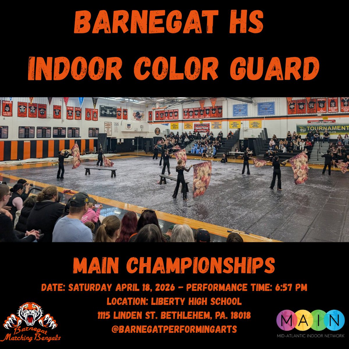Best of luck to the Barnegat High School Indoor Color Guard who will be competing tonight at MAIN Championships at Liberty High School in Bethlehem, PA! They will be performing their 2026 production "In Loving Memory" at 6:57 pm in the SRA2 Division! Good luck!!!! 🏴