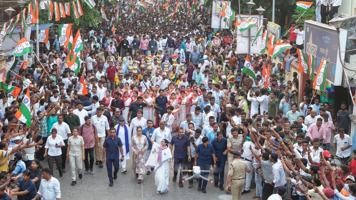 Streets lined end to end. Flags canopying every corner. Cultural processions weaving through the crowd. And at the heart of it all, Smt. <a href="/MamataOfficial/">Mamata Banerjee</a>, walking with her people, among her people, as she always has.

This is Howrah's answer. Delivered on the streets, in full
