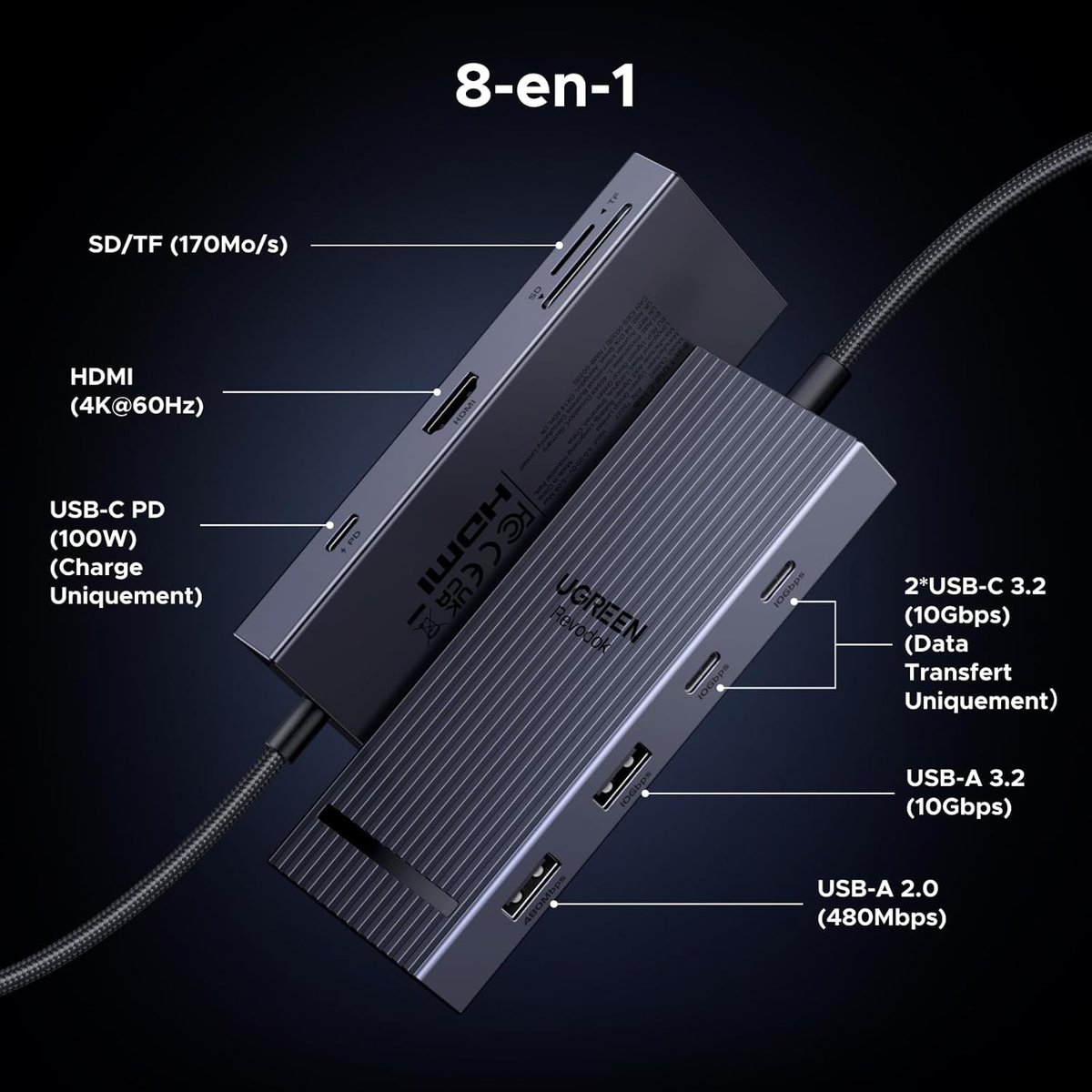 rebec34's tweet image. Le hub UGREEN Revodok Pro 8-en-1 : HDMI 4K@60Hz, ports USB 10Gbps, PD 100W et lecteur SD/TF — tout ce dont vous avez besoin pour connecter et charger. ➜ wix.to/3aOBc6a #UGREEN #USB-C #4K #TechDeals