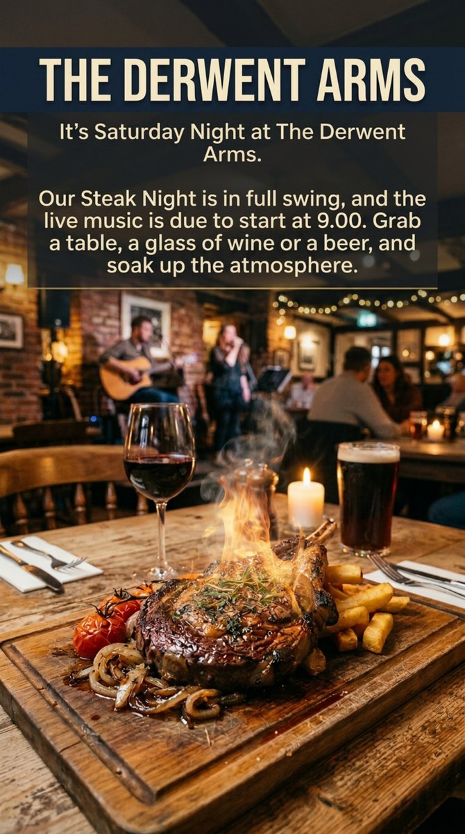 TheDerwentArms's tweet image. Experience warm tones and cozy vibes with rich steak and drinks at The Derwent Arms. Live music starts 9 PM—grab your table and join the lively fun! #SteakNight #LiveMusic #CozyVibes #Thederwentarms #Liveentertainment