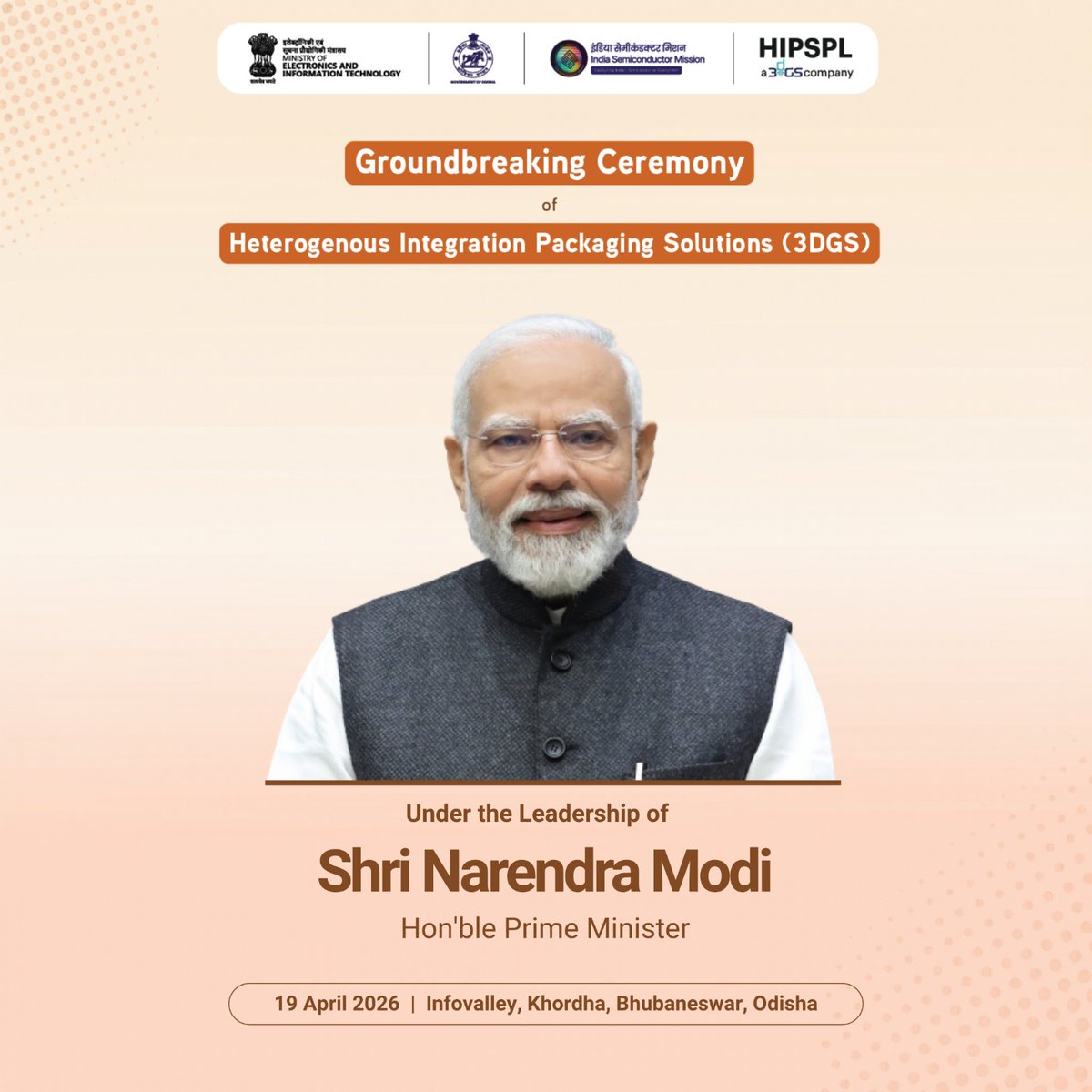 SemiconIndia's tweet image. Groundbreaking Ceremony of Heterogenous Integration Packaging Solutions (3DGS) is scheduled for 19.04.2026 in #Odisha. #3DGS, a global pioneer in advanced glass-based packaging technologies, is establishing its presence in India, reinforcing nation’s semiconductor ecosystem.