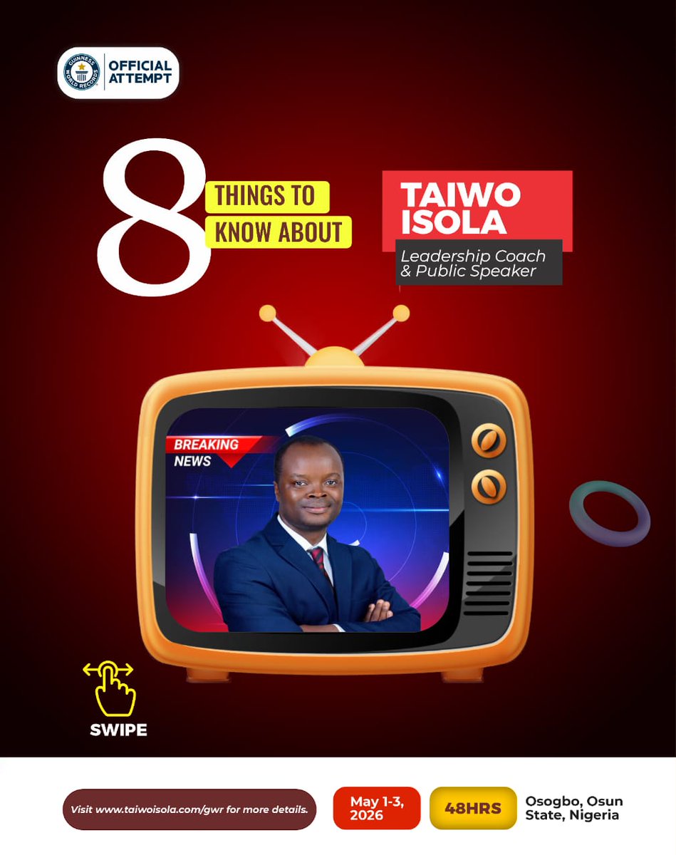 TheTaiwoIsola's tweet image. Curious about the mind behind this attempt? 

8 interesting things about Taiwo Isola: which stands out?

In 12 days, join me in Osogbo (on-site or virtually) for the GWR Longest Leadership Lesson. May 1–3, 2026.

Join: Bit.ly/Taiwo-IsolaGWR

#GuinnessWorldRecord #TaiwoIsola