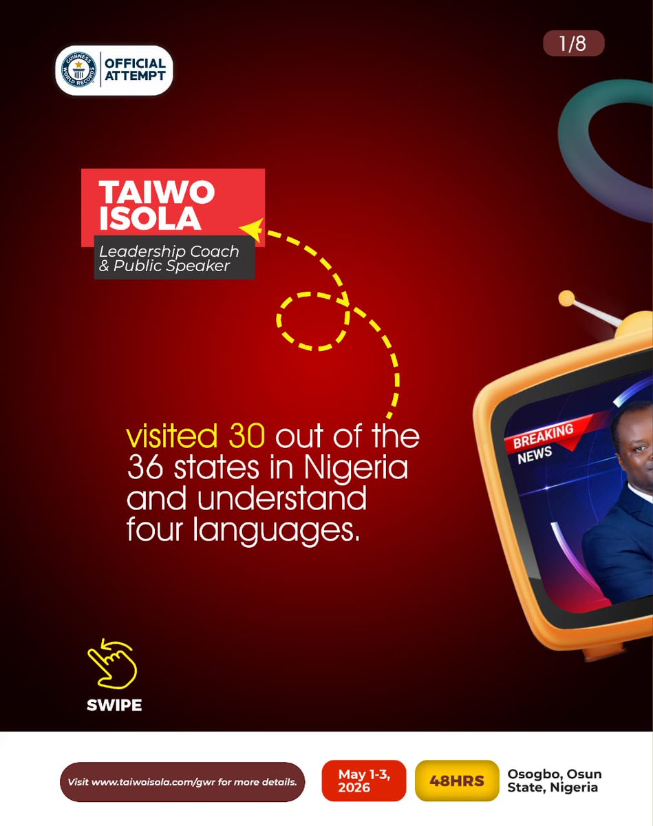 TheTaiwoIsola's tweet image. Curious about the mind behind this attempt? 

8 interesting things about Taiwo Isola: which stands out?

In 12 days, join me in Osogbo (on-site or virtually) for the GWR Longest Leadership Lesson. May 1–3, 2026.

Join: Bit.ly/Taiwo-IsolaGWR

#GuinnessWorldRecord #TaiwoIsola