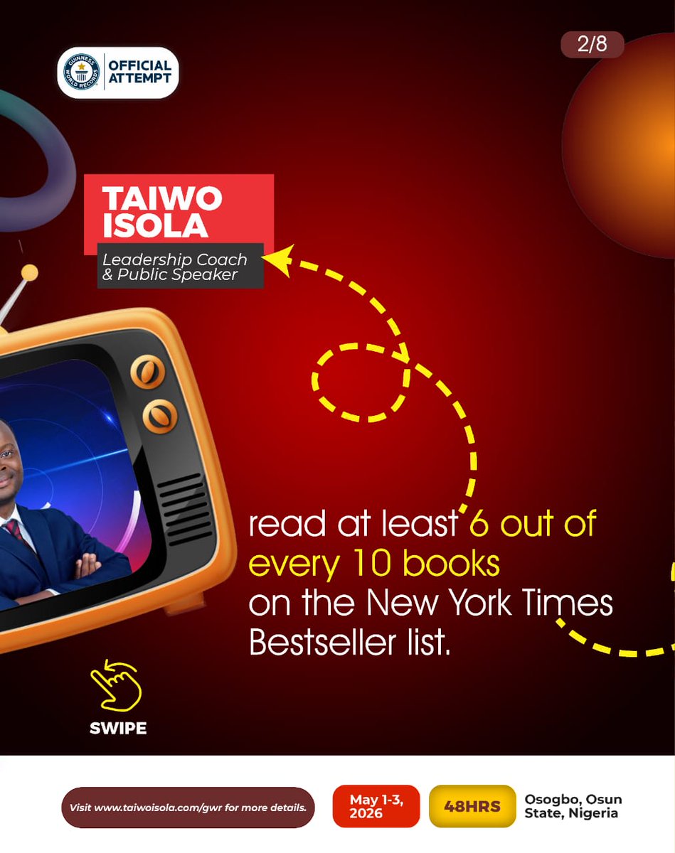 TheTaiwoIsola's tweet image. Curious about the mind behind this attempt? 

8 interesting things about Taiwo Isola: which stands out?

In 12 days, join me in Osogbo (on-site or virtually) for the GWR Longest Leadership Lesson. May 1–3, 2026.

Join: Bit.ly/Taiwo-IsolaGWR

#GuinnessWorldRecord #TaiwoIsola
