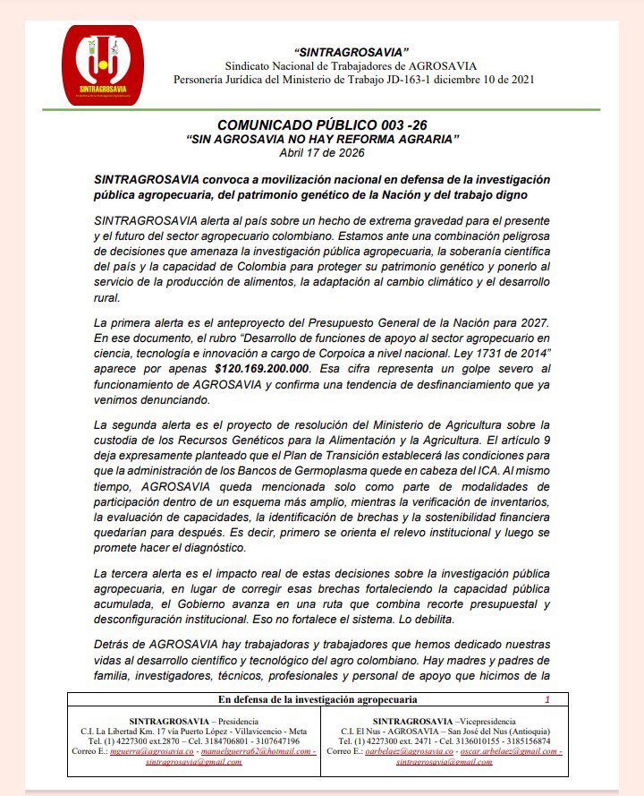 ContGanadero's tweet photo. 🚨 #Atención

“Sin AGROSAVIA no hay reforma agraria��: bajo este mensaje, Sintragrosavia convoca a una movilización nacional y plantón este miércoles 22 de abril, 8:00 a.m., frente al MinAgricultura (Cra 7 con Calle 32, Edificio San Martín).

📢 Exigen frenar el desfinanciamiento, revisar el presupuesto 2027 y proteger el patrimonio genético del país.