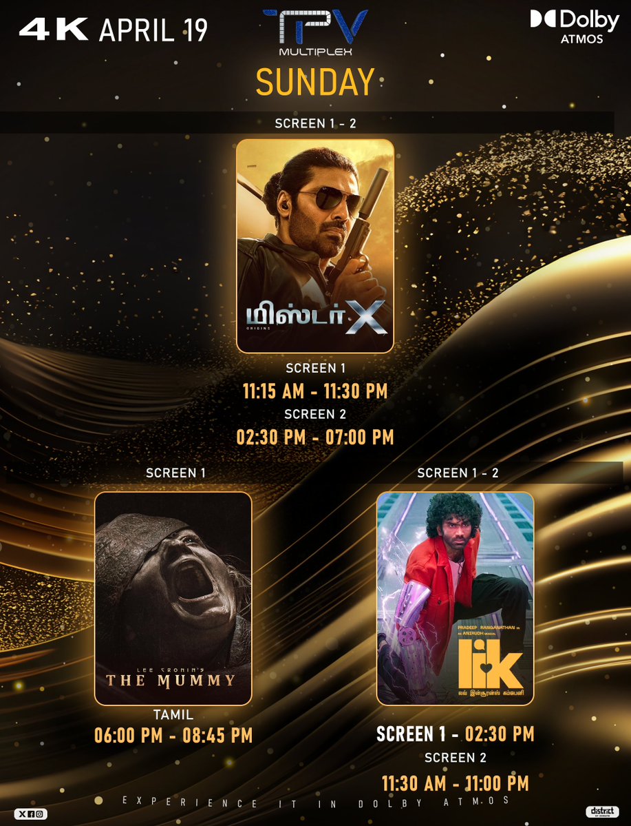 TPVMultiplex's tweet image. “இந்த ஞாயிறு 🔥 Theatre la full energy!
Mass vibes, goosebumps moments &amp;amp; non-stop entertainment 🎬✨
உங்க favourite movie choose பண்ணி whistle அடிச்சு enjoy பண்ணுங்க 😎🍿
📍TPV Multiplex – Experience it in Dolby Atmos”
#SundayShows #TPVMultiplex #TheatreVibes