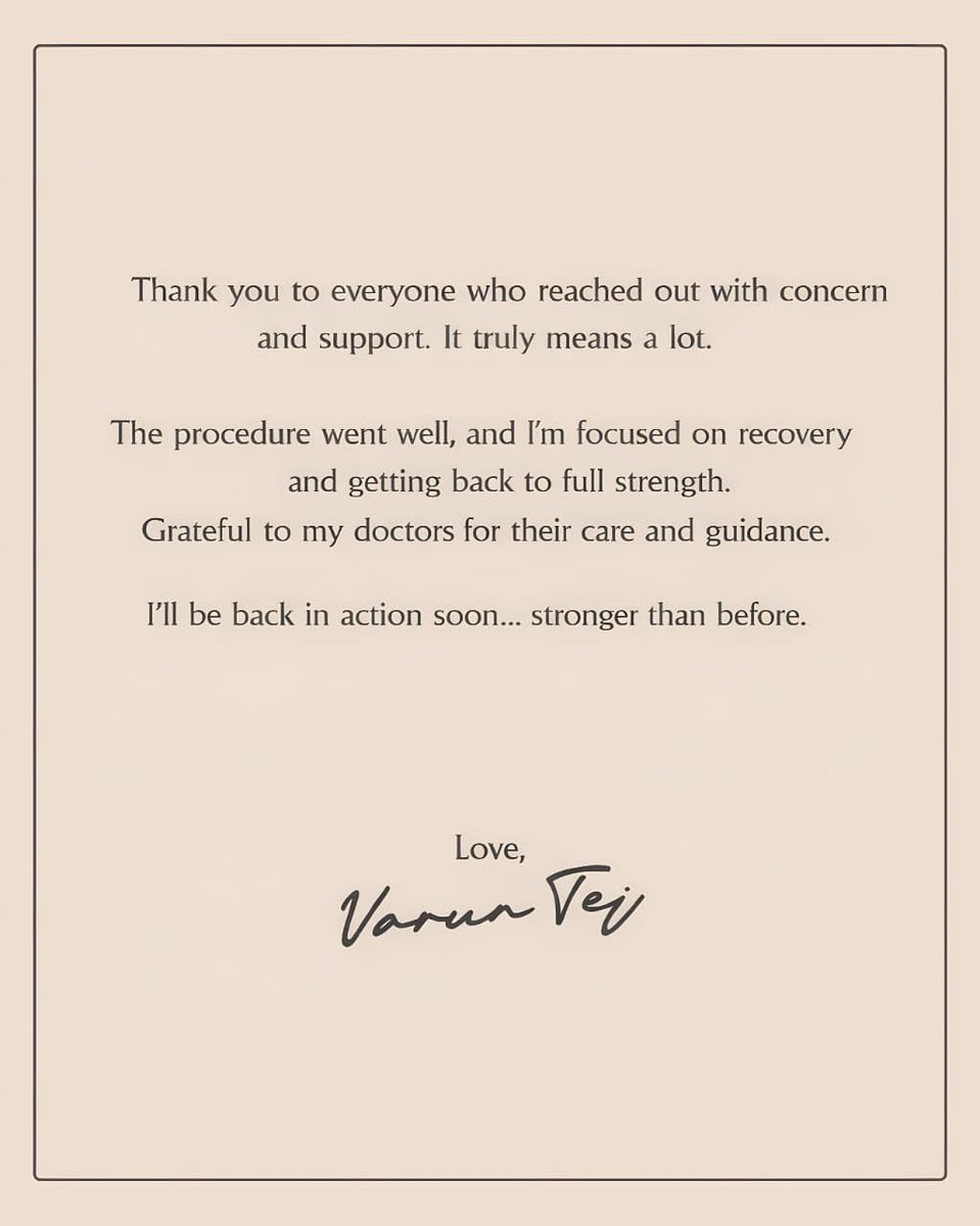VCheritha's tweet photo. Mega Prince @IAmVarunTej shares that his surgery was successful and he is recovering well.

Grateful for all the love and concern, he looks forward to getting back in action very soon.

#VarunTej #KoreanKanakaraju #Bhari https://t.co/lfAepIADST