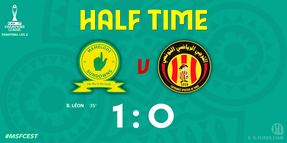 ESTuniscom's tweet photo. ⏱ HT | #TotalEnergiesCAFCL Semifinal #MSFCEST | 🇿🇦@Masandawana 1⃣-0⃣ @ESTuniscom🇹🇳 : End of the first half / نهاية الشوط الاول / Fin de la première période https://t.co/q7w6vplBvL
