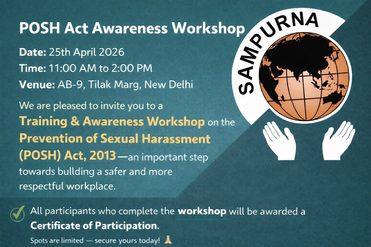 ngo_sampurna's tweet image. Learn, Empower, Bring Change

Join the POSH Awareness Workshop and help build safer workplaces.

Register now: forms.gle/1GfAJ7MTSAmyAz…

#Empowerment #Awareness 
@sharmarekha