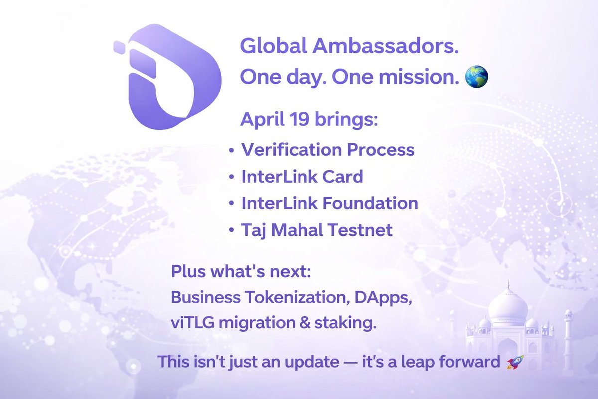 Nafiie8's tweet image. Global Ambassadors. One day. One mission. 🌍

April 19 brings:
• Verification Process
• InterLink Card
• InterLink Foundation
• Taj Mahal Testnet

Plus what’s next: Business Tokenization, DApps, vITLG migration &amp;amp; staking.

It’s a leap forward 🚀

#InterLink #ITLG #ITL #ITLX