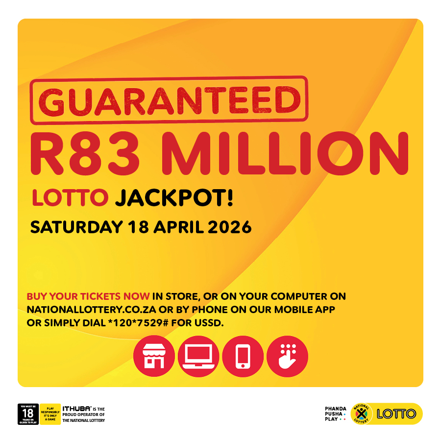 sa_lottery's tweet image. Mzansi!! The #LOTTO jackpot stands at a HUGE R83 MILLION GUARANTEED jackpot this Saturday! PLAY NOW!! Buy your tickets NOW in-store, on nationallottery.co.za, the Mobile App or cellphone banking. Players must be 18 years or older, play responsibly.