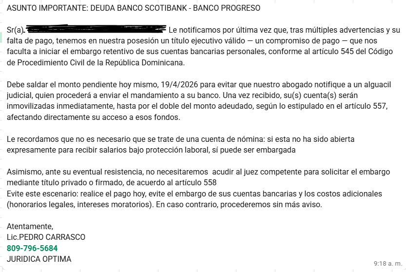 SmartDominican's tweet photo. Atención @ProUsuarioRD @AlejandroFdezW @aba_rd esto le llegó a un amigo... https://t.co/jsmpPDod55