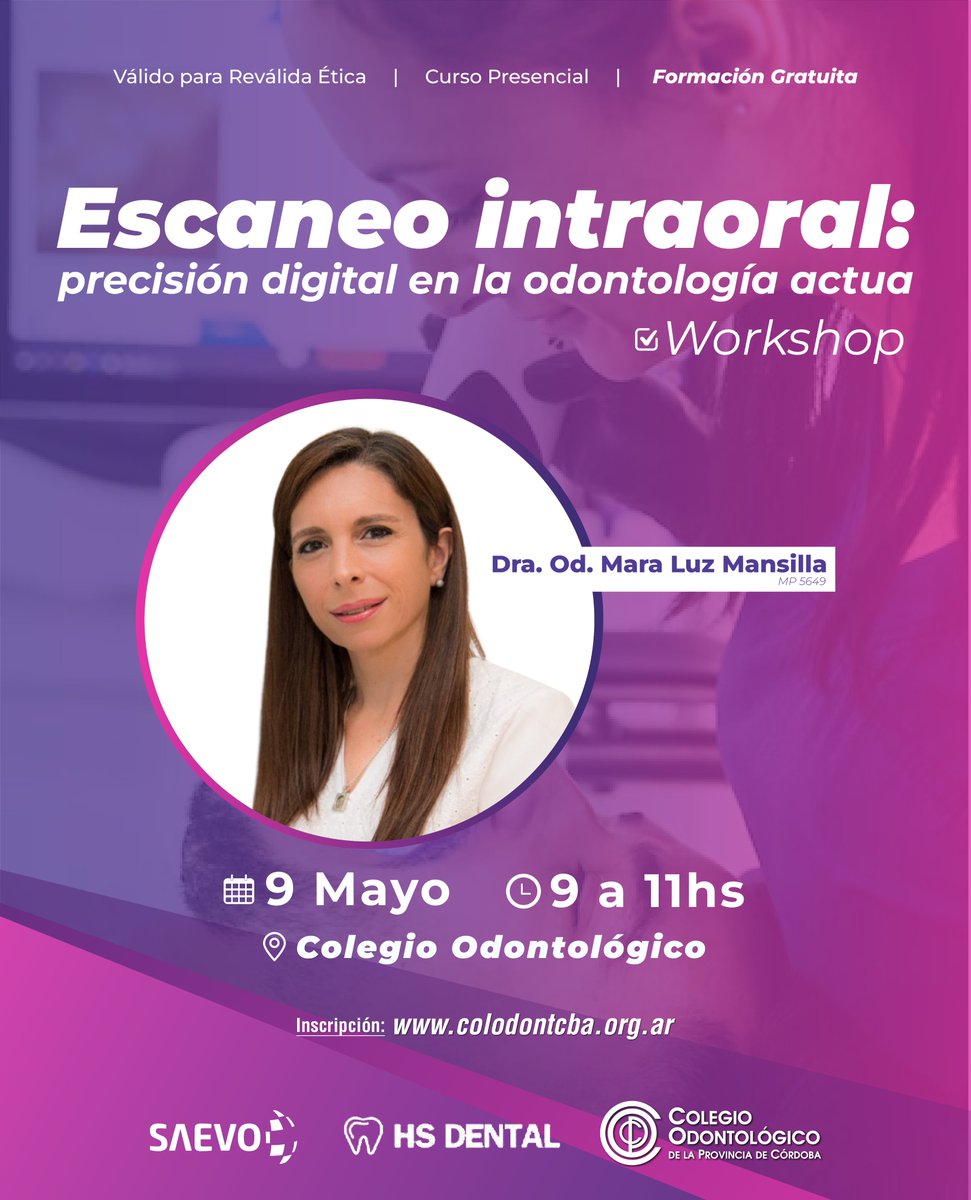 colodontcba's tweet photo. ✨ Escaneo intraoral: precisión digital en la odontología actual🦷💻

👩‍⚕️ Disertante: Dra. Od. Mara Luz Mansilla
📅 9 de mayo ⏰ de 9 a 11 horas 📍 en el Colegio Odontológico
🔗 Inscribite en: https://t.co/YeldYSBxo2 https://t.co/R0FxlamjHx
