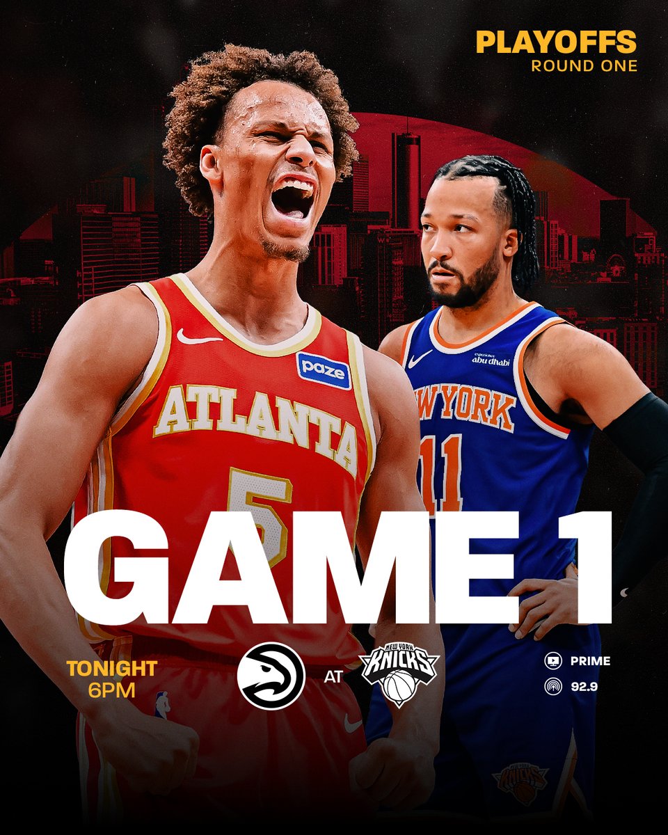 ATLHawks's tweet photo. PLAYOFF TIME 🙌

🆚 @nyknicks 
⏰ 6 PM ET
📍 @TheGarden 
📺 @NBAonPrime @PrimeVideo 
📻 @929TheGame https://t.co/2LZ5pf9cBN