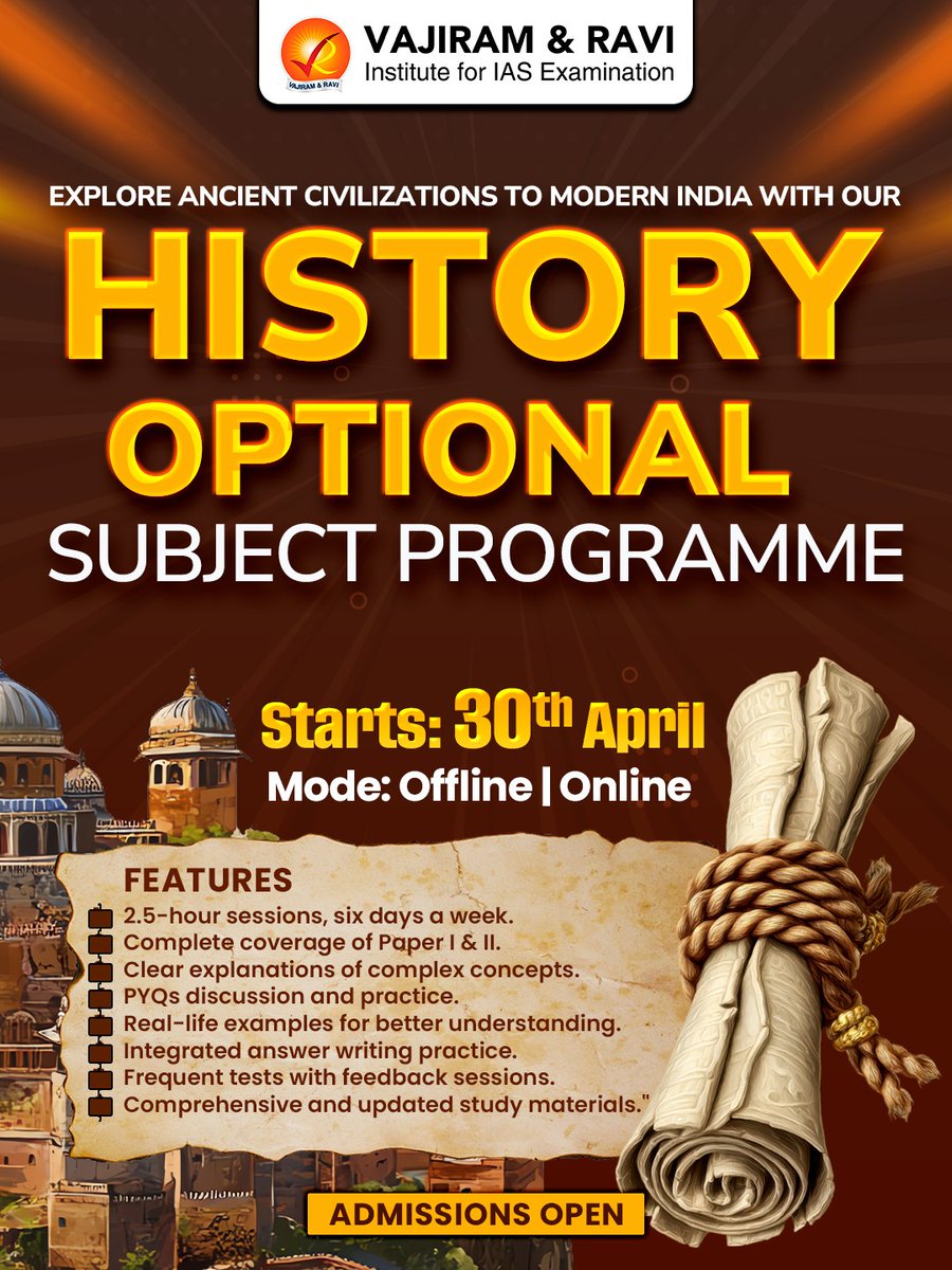 VajiramRavi's tweet image. Thinking of choosing History Optional for UPSC?

🚀 Batch starts: 30 April 2026
⏰ 5:30–8:00 PM
💻 Offline + Live Online

👉 Know more: forms.gle/EMAg7WN3MyeqVj… 

#UPSC #UPSC2026 #HistoryOptional #IASPreparation #UPSCMains #UPSCStrategy #shorts #viral