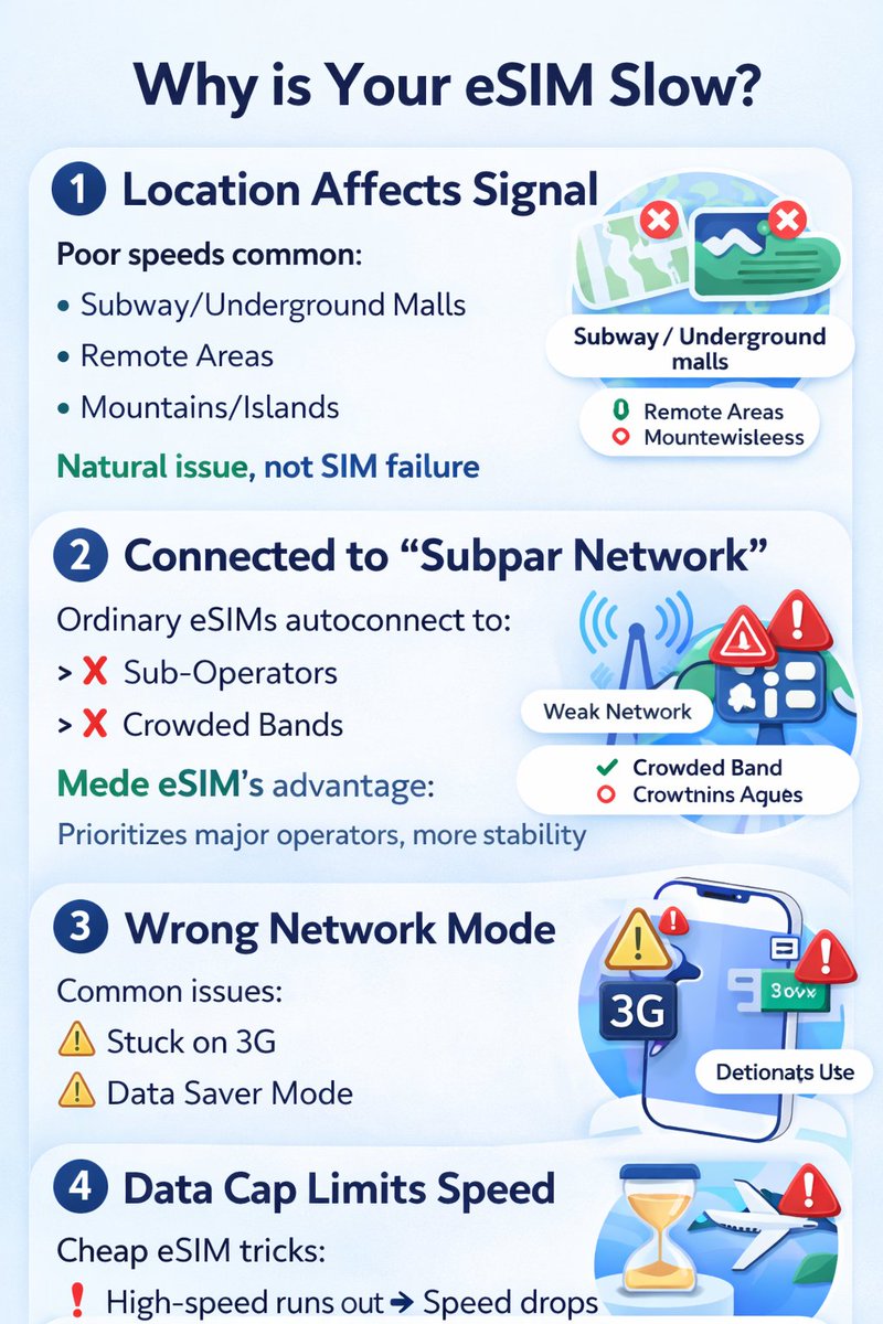 Mede_eSIM's tweet image. 🚨 Slow eSIM abroad?
Maps lagging? Videos buffering? Uber stuck? WeChat delayed?
Most slow speeds aren’t the SIM’s fault—they’re fixable in 5 steps!

#eSIM #TravelTech #MedeESIM