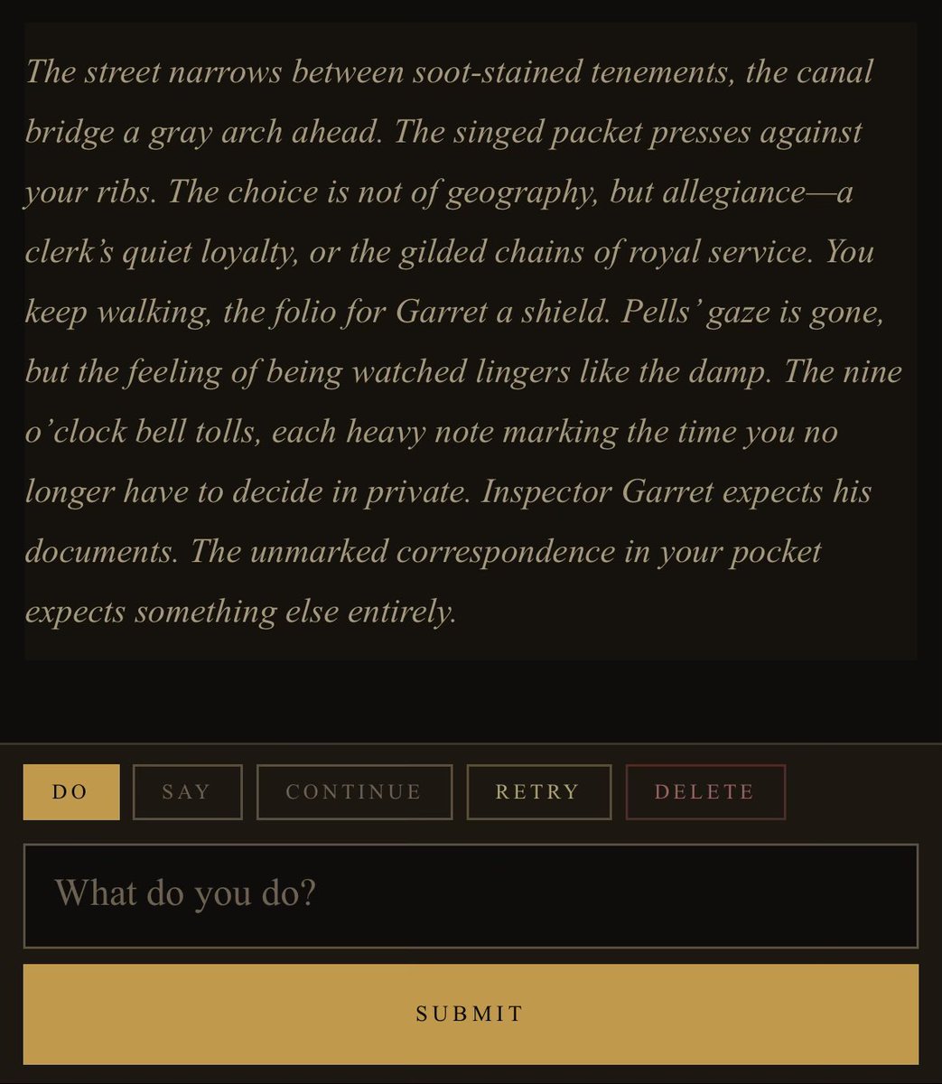 GrevaraRPG's tweet image. The street narrows.
The bell tolls.
And suddenly… your choices aren’t yours anymore.

Loyalty… or power?
Truth… or survival?

In Grevara, decisions don’t wait. They close in.

What would you do?

#Grevara #InteractiveStory #RPG #IndieDev