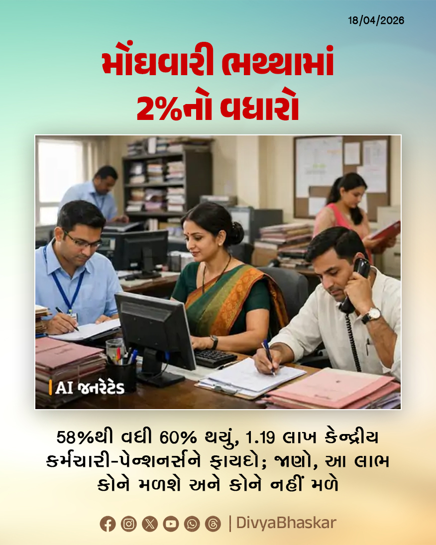 Divya_Bhaskar's tweet image. મોંઘવારી ભથ્થામાં 2%નો વધારો : 58%થી વધી 60% થયું, 1.19 લાખ કેન્દ્રીય કર્મચારી-પેન્શનરોને ફાયદો; જાણો, આ લાભ કોને મળશે અને કોને નહીં મળે - divya.bhaskar.com/jFPpq3j7q2b

#DearnessAllowance #DA #Pensioners