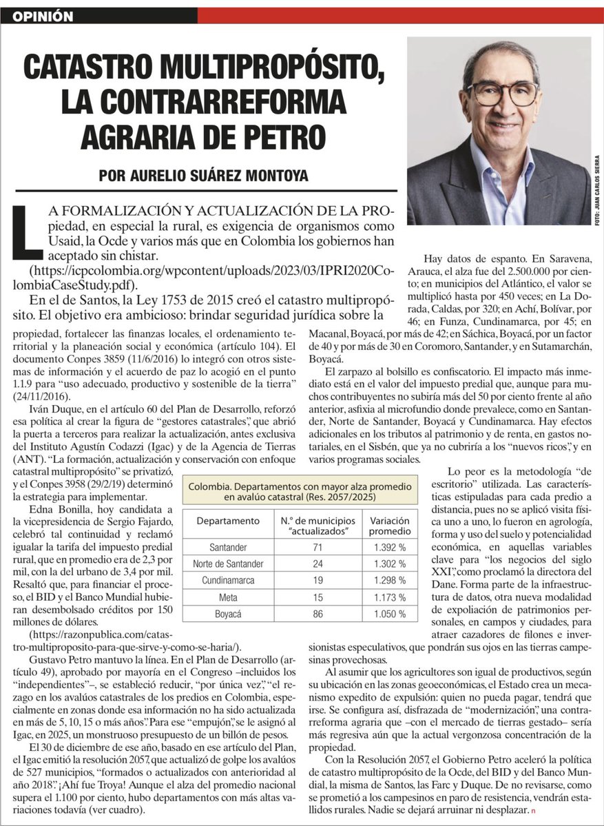 AurelioSuarez's tweet image. Catastro Multipropósito, la contrarreforma agraria de Petro 

El alza promedio de los avalúos catastrales a escala nacional en 527 municipios fue 1.100% y hay casos más escandalosos. 

El Gobierno Petro aceleró esta política de la OCDE, el BID y el Banco Mundial. La misma de