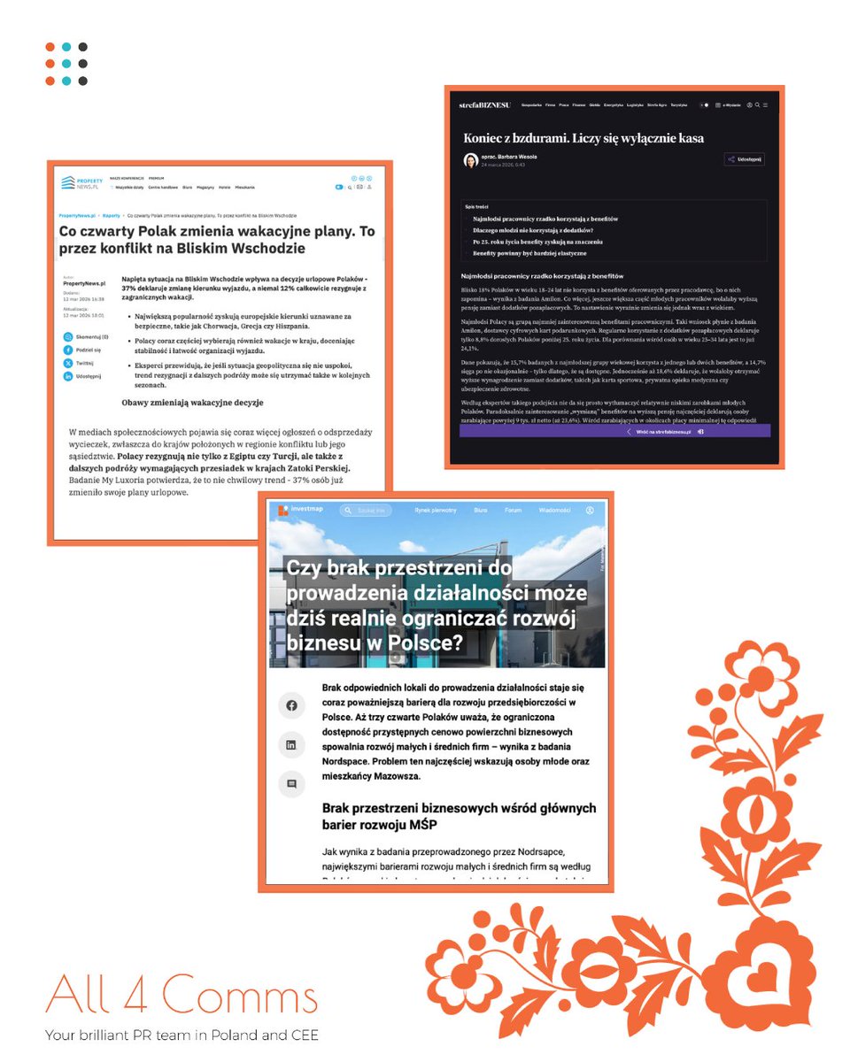 All4Comms's tweet image. PR isn’t about being everywhere - it’s about being in the right places.
In March, we secured media coverage for our clients in Poland across top lifestyle, business &amp;amp; consumer outlets 🇵🇱
That’s how brands build trust and real visibility.
#PR #BrandVisibility #EarnedMedia
