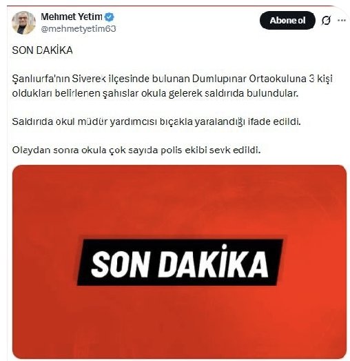 Şanlıurfa ve Kahramanmaraş'taki okul saldırısının ardından sosyal medya üzerinden korku ve panik yaratmaya yönelik içerik paylaşan ve halkı yanıltıcı bilgiyi alenen yayan Mehmet Yetim gözaltına alındığı iddia edildi.
<a href="/hasansildak/">Hasan ŞILDAK</a>
#Sondakika