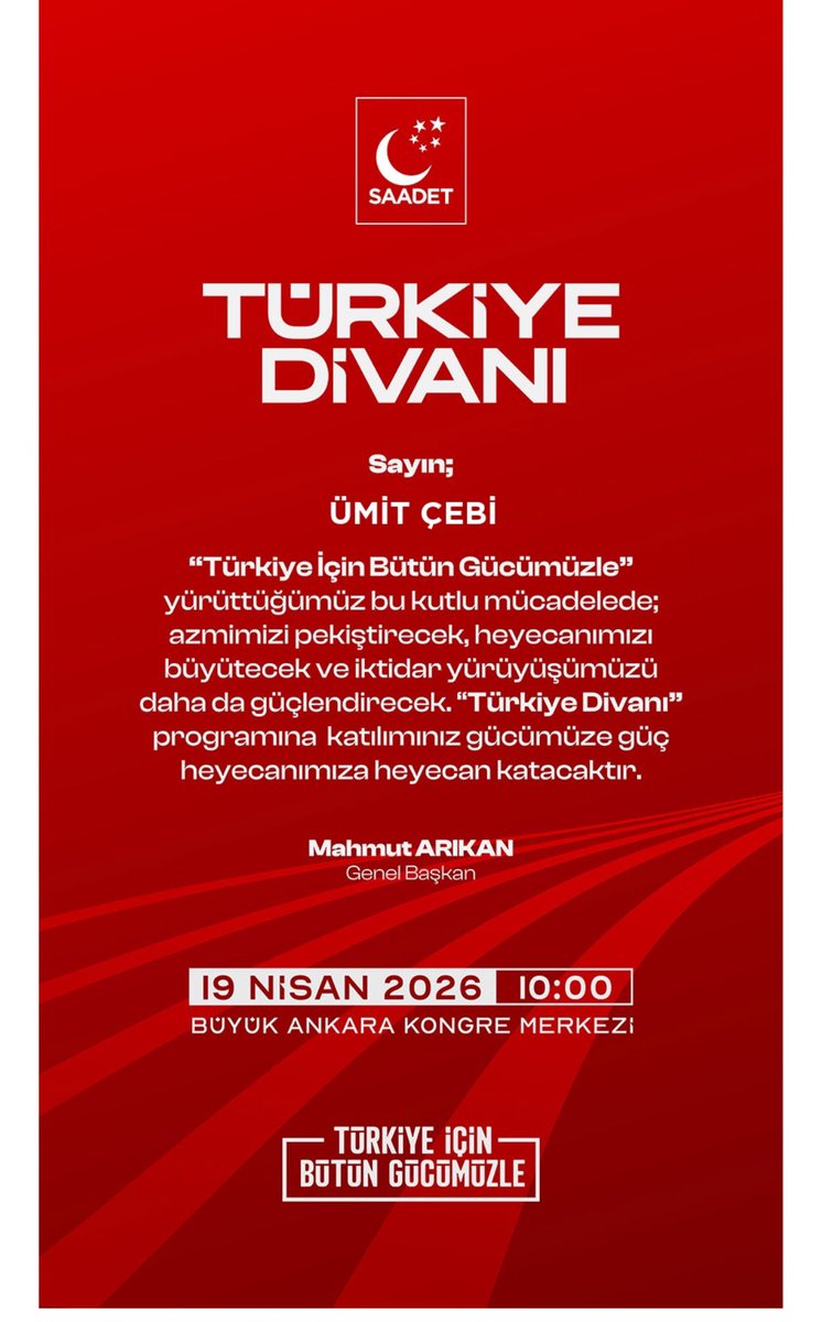 Türkiye siyasetinde ilk defa SAADET partimizin yapacacağı,Türkiye divanında olacağım inşallah.
Bu programın Saadet iktidarına ve Genel başkanımız, Mahmut Arıkan'ın cumhurbaşkanı olmasına vesile olur inşallah.