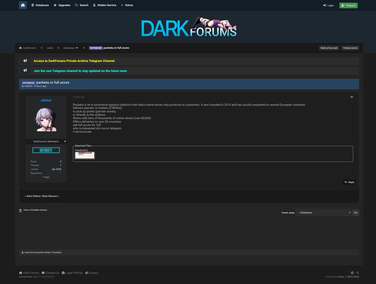 darkwebsonar's tweet image. 🇷🇴 xdlolxd offers access on Romania's Packeta. advertised full access for $1,000 via Telegram. #InitialAccess #Transportation #Romania #ThreatIntel