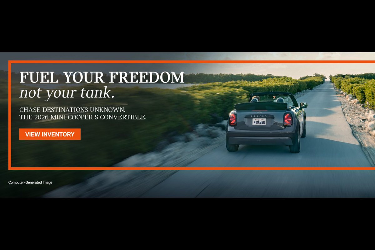 creviermini's tweet photo. Fuel your freedom—not your tank.

Open the road (and the roof) in the 2026 MINI Cooper S Convertible. #CrevierMINI #MINICooperSConvertible https://t.co/W6fhCvP17M