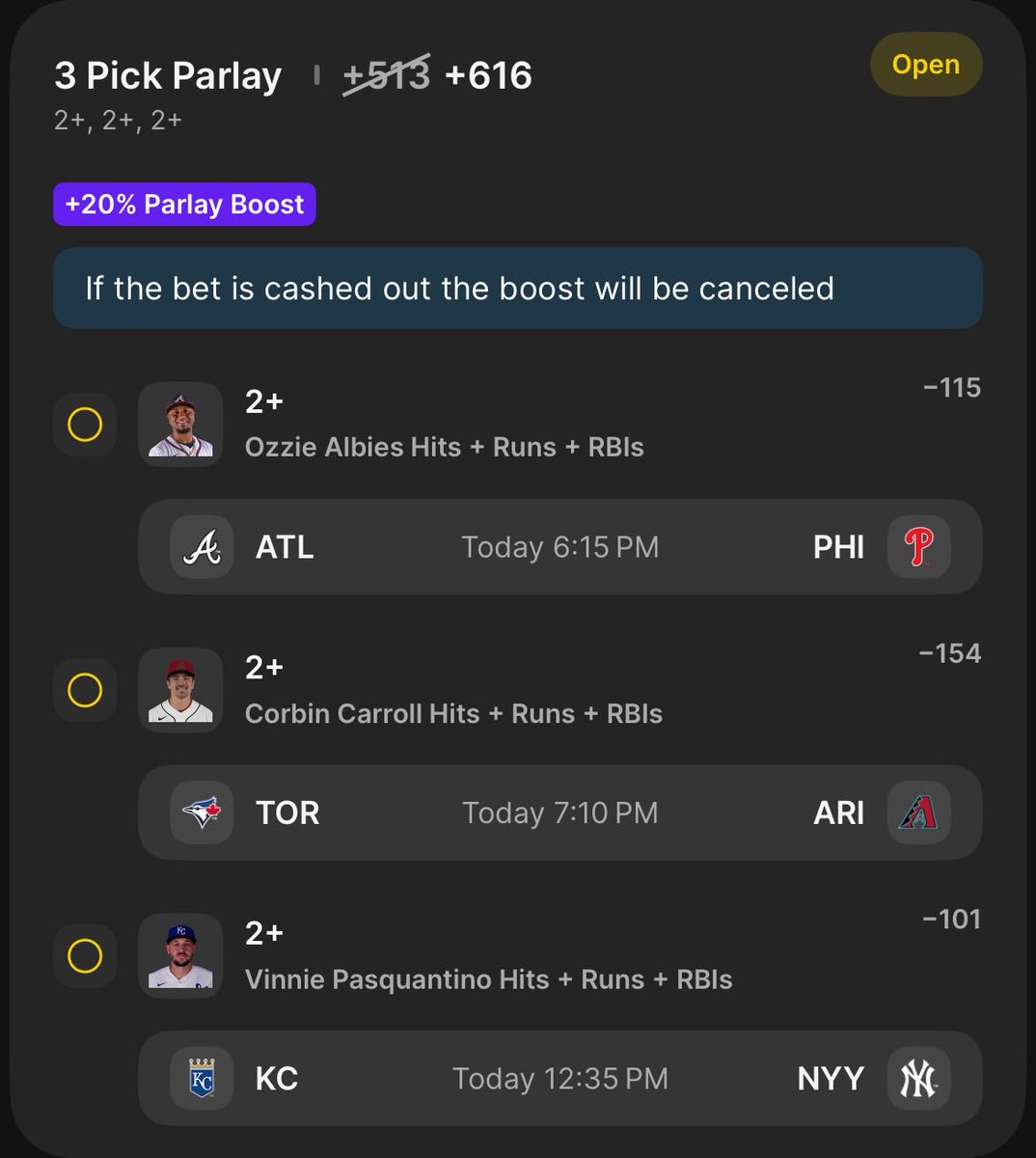 Stats_Cash's tweet photo. PROP PLAYS 🔥

Albies/Carroll/Pasquantino 2+ Hits + Runs + RBI’s (.25U w/ 20% boost) 💥 

Olson/Machado 1 + HR’s (.1U) 💣 

#BravesCountry #DBacks #FountainsUp #ForTheFaithful #MLB #Sportsbettingpicks #StatsCash https://t.co/eaBLJ1A0IV