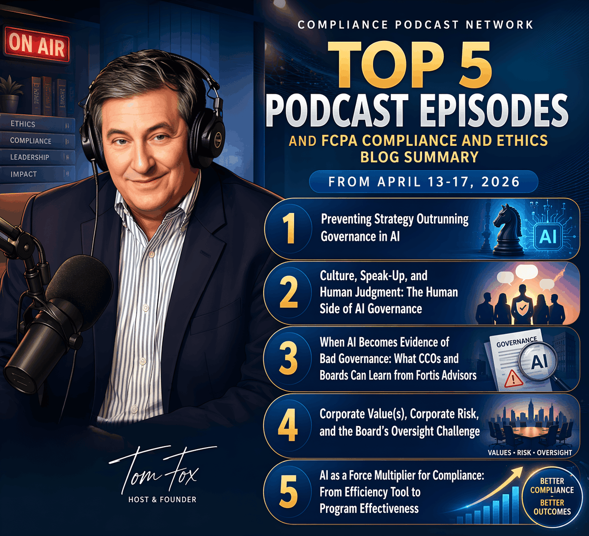 tfoxlaw's tweet image. AI is rewriting the compliance playbook. Catch this week’s Top 5 podcast episodes and the FCPA Compliance &amp;amp; Ethics Blog on governance, culture, boards, and AI effectiveness.
 
Listen and read: bit.ly/4vDjfT4 #Compliance #AIGovernance #FCPA